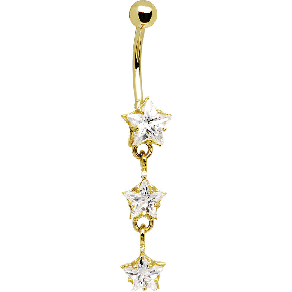 16G Solid 14k Yellow Gold Zirconia Trio Star Belly Ring