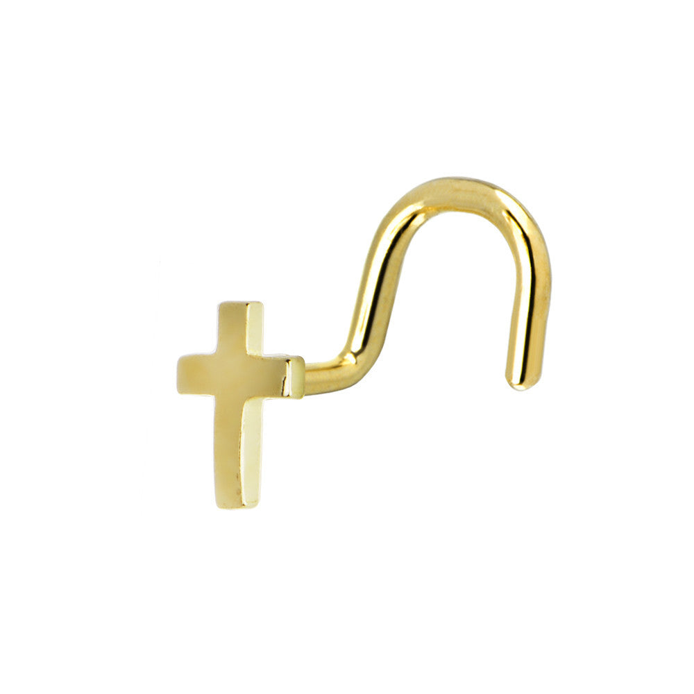 Solid 14K Yellow Gold Cross Nose Screw Ring