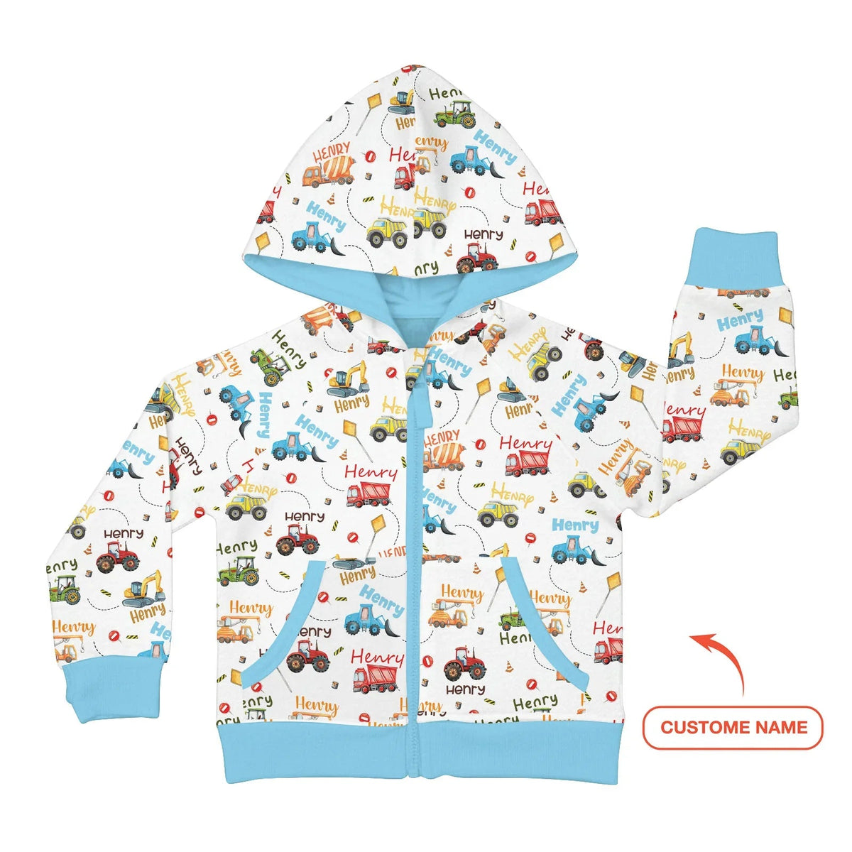 Construction Vehicles Custom Name Zip Hoodie