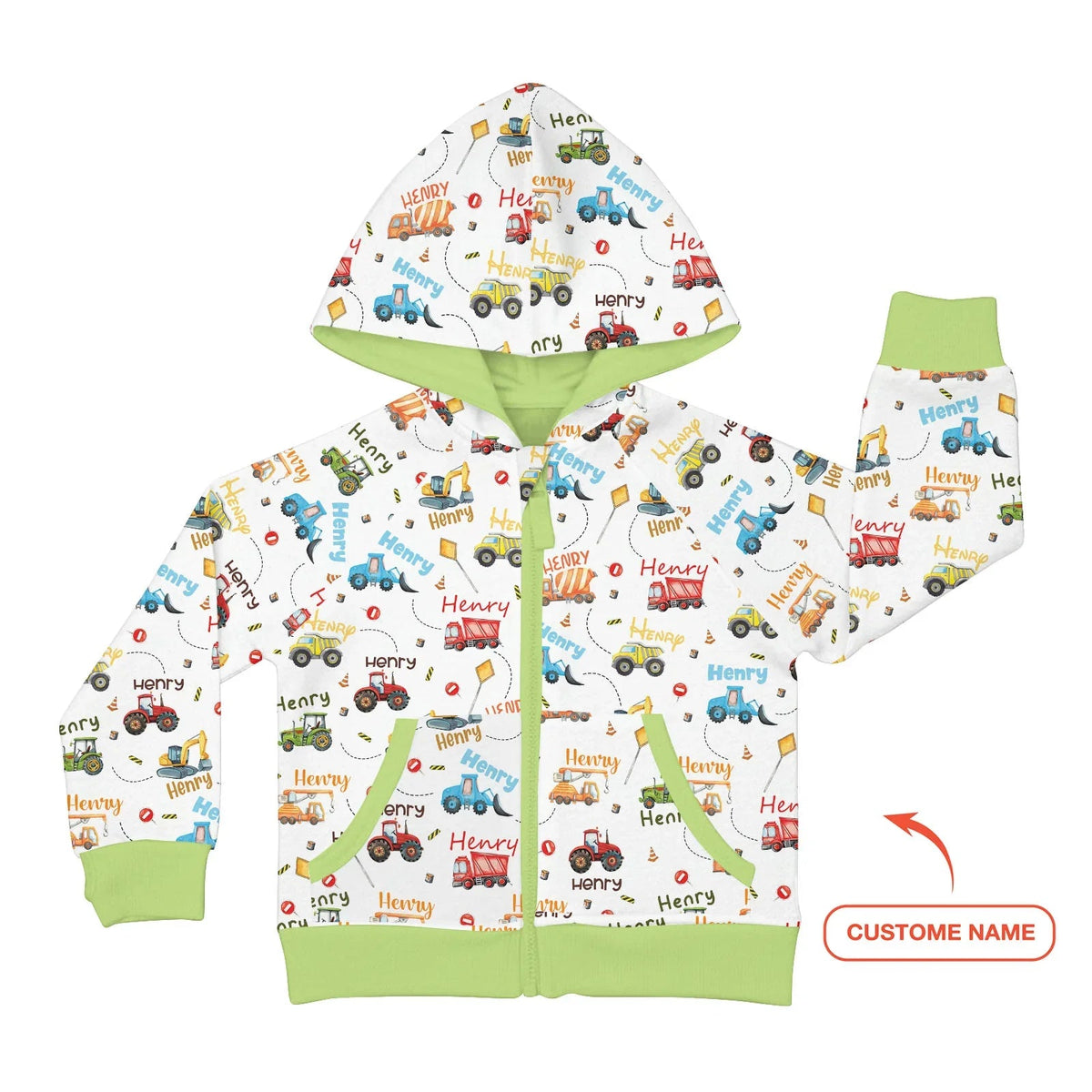 Construction Vehicles Custom Name Zip Hoodie