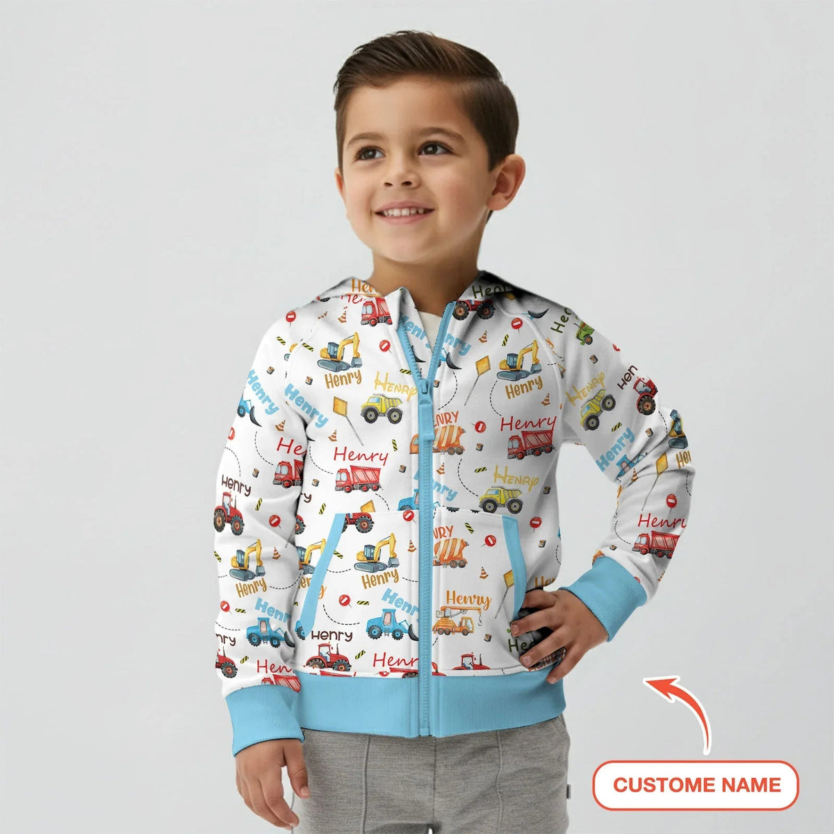 Construction Vehicles Custom Name Zip Hoodie