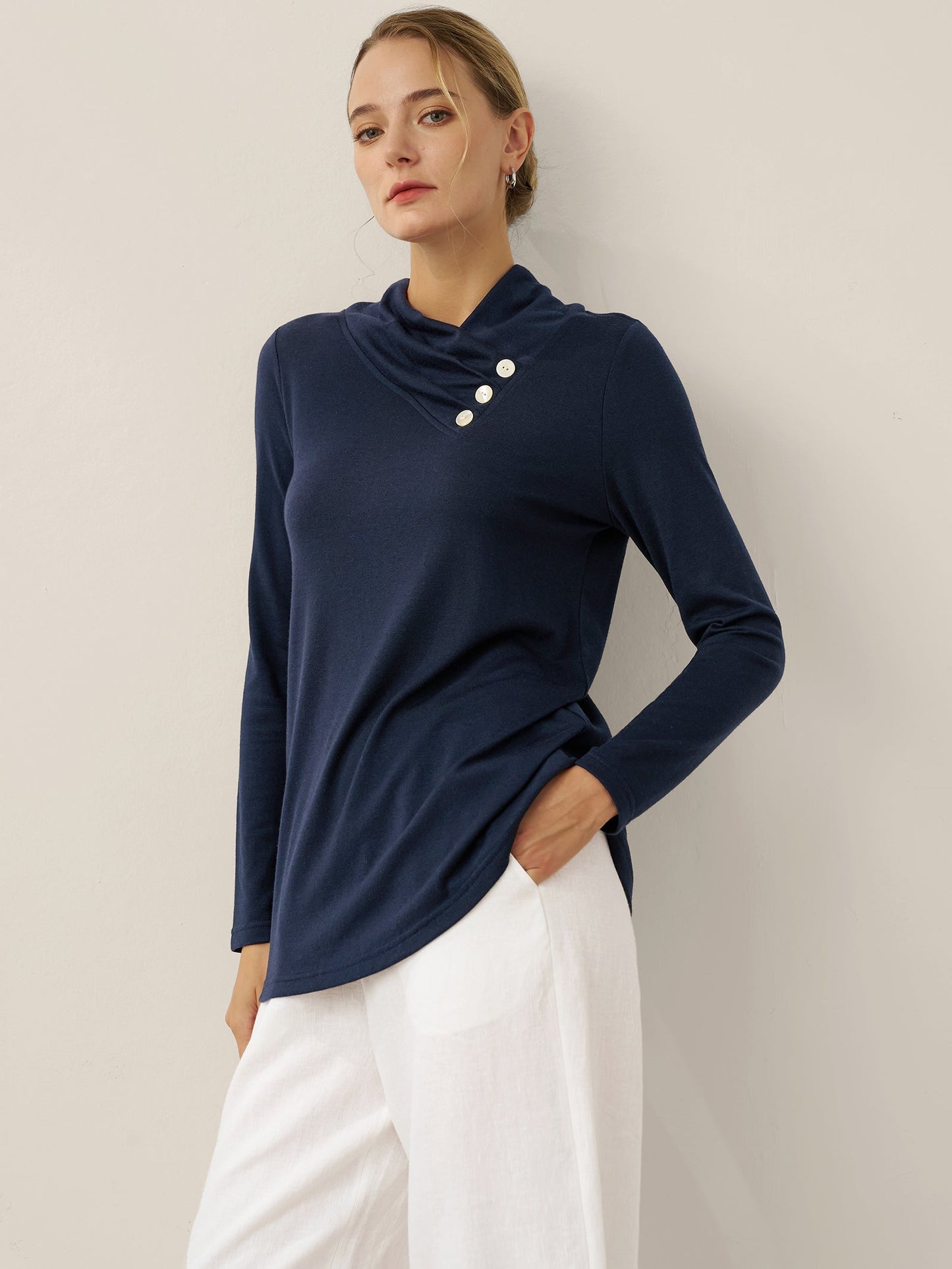 Cashmere Asymmetric Cowl Neck Stretch Top TATIANA