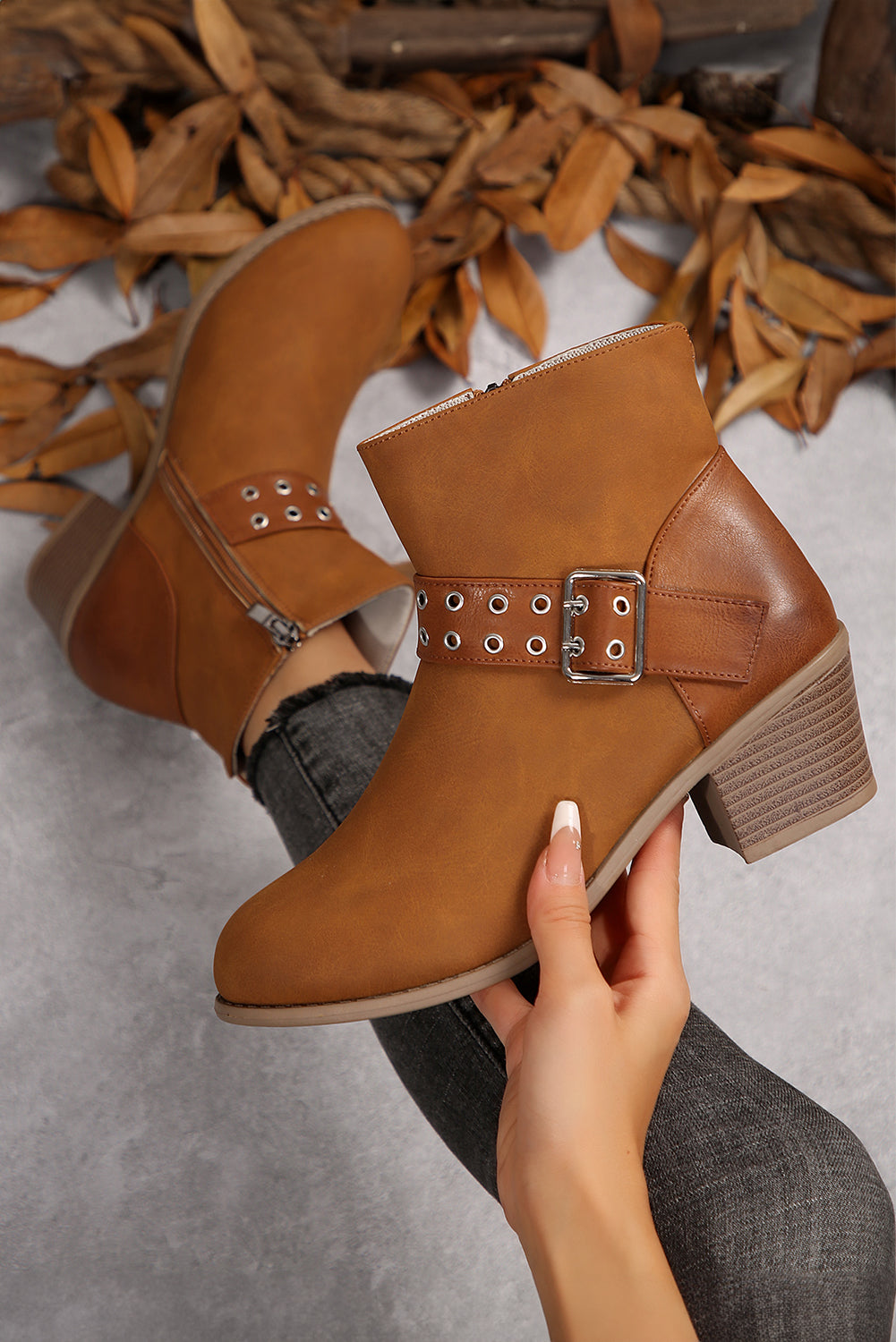 Eyelet Buckled Ankle Boots