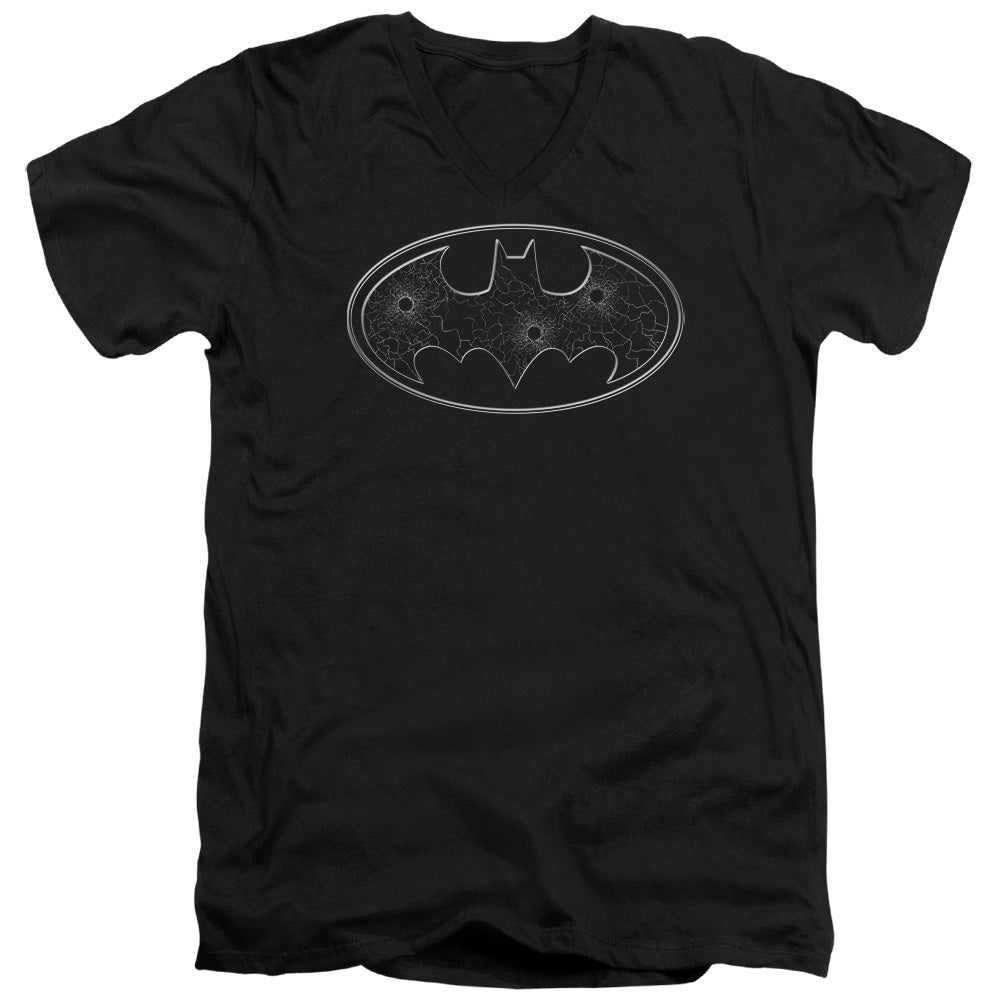 Batman Glass Hole Logo Mens Slim Fit V Neck T Shirt Black Officially Licensed