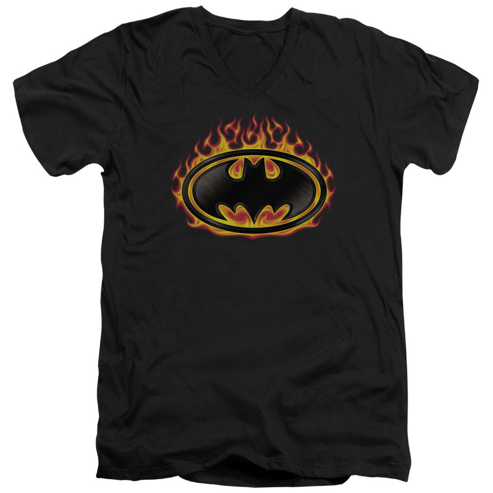 Batman Bat Flames Shield Mens Slim Fit V Neck T Shirt Black Officially Licensed