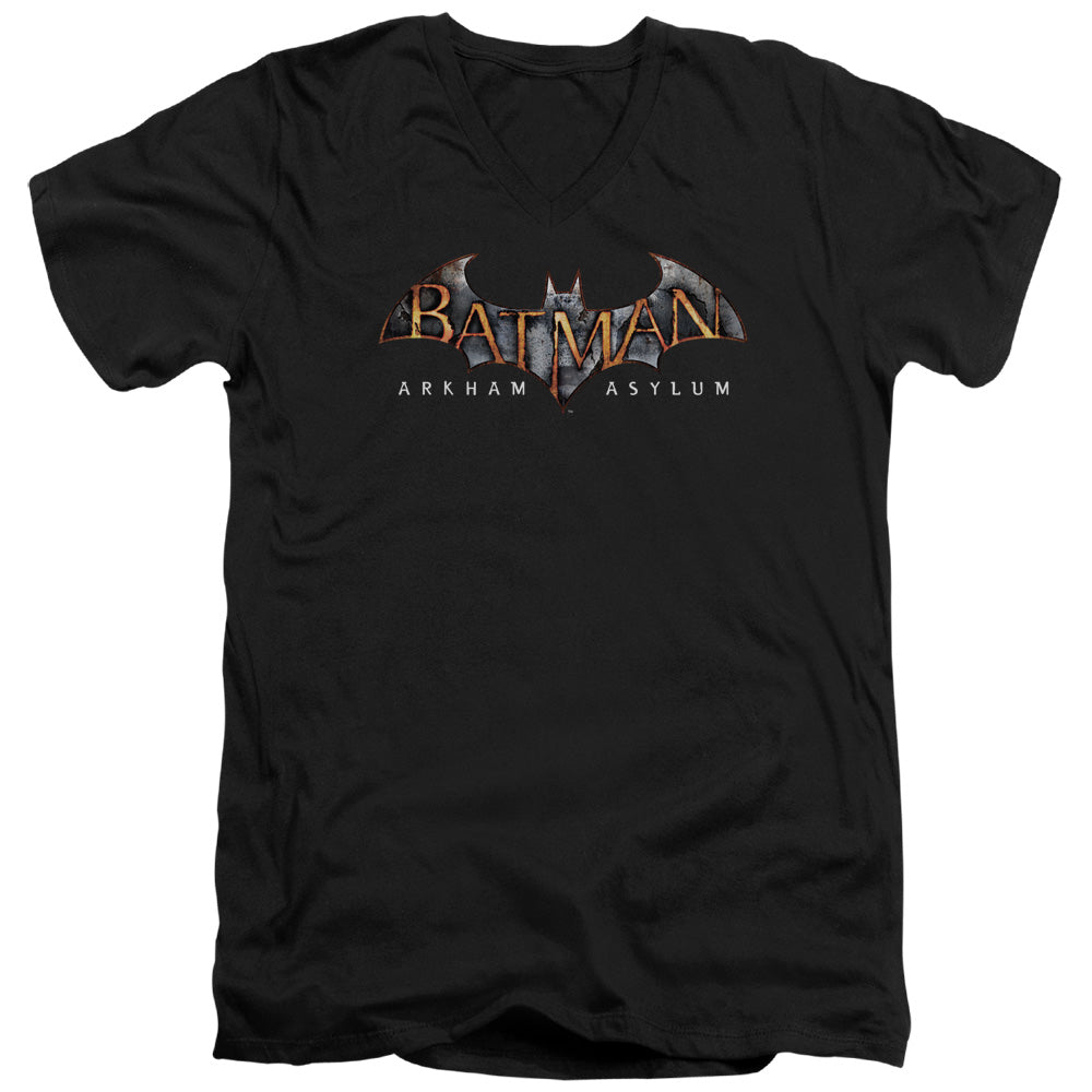 Batman Aa Arkham Asylum Logo Mens Slim Fit V Neck T Shirt Black Officially Licensed