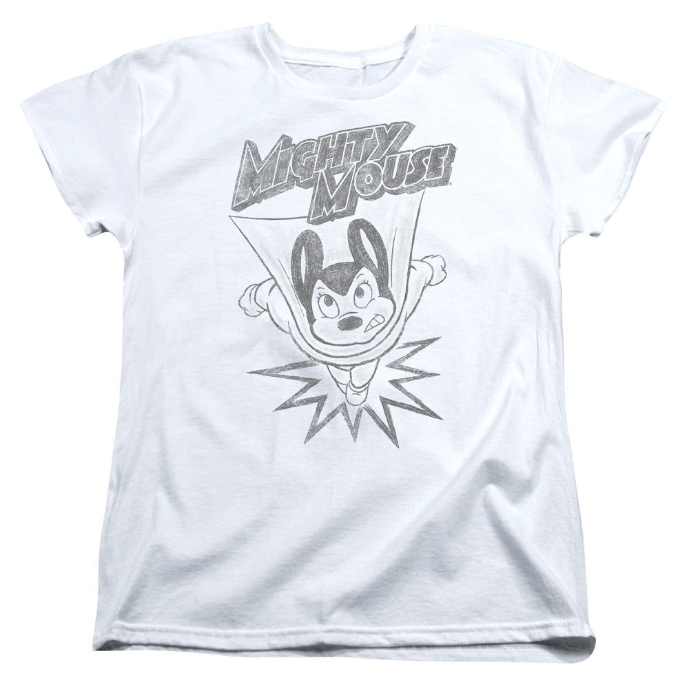 Mighty Mouse Bursting Out Womens T Shirt White Officially Licensed