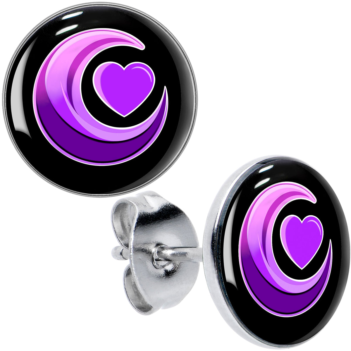 Crescent Moon Heart Stud Earrings by Onyx O