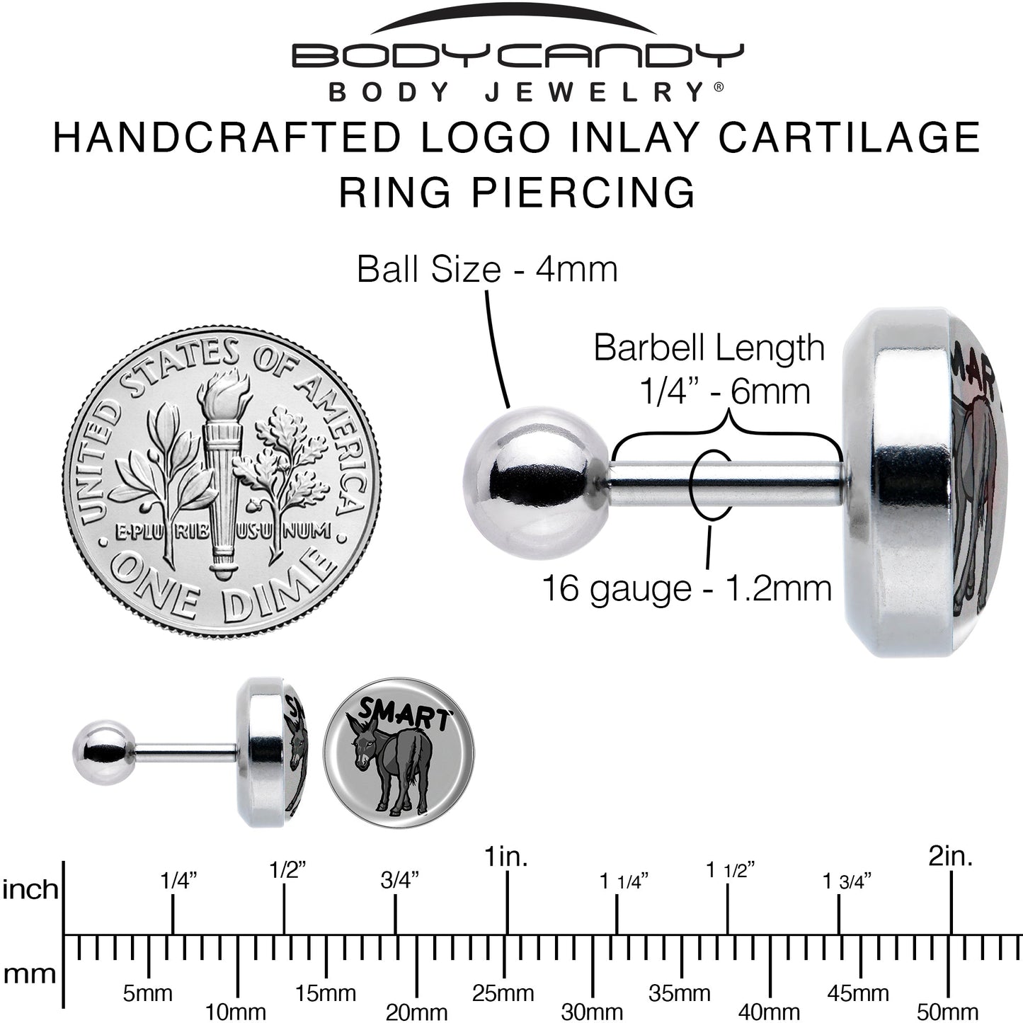 16G 1/4 Donkey Smart Ass Tragus Cartilage Earring by Onyx O