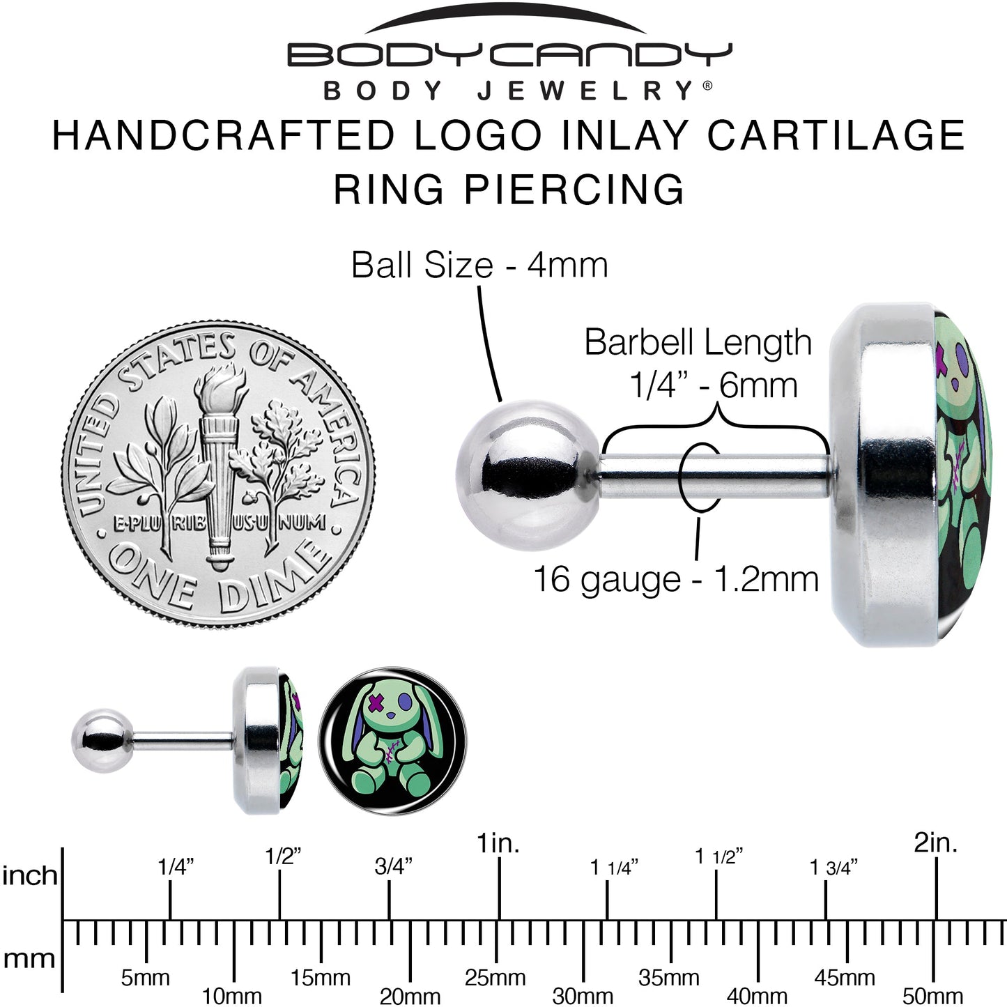 16G 1/4 Zombie Bunny Tragus Cartilage Earring by Onyx O