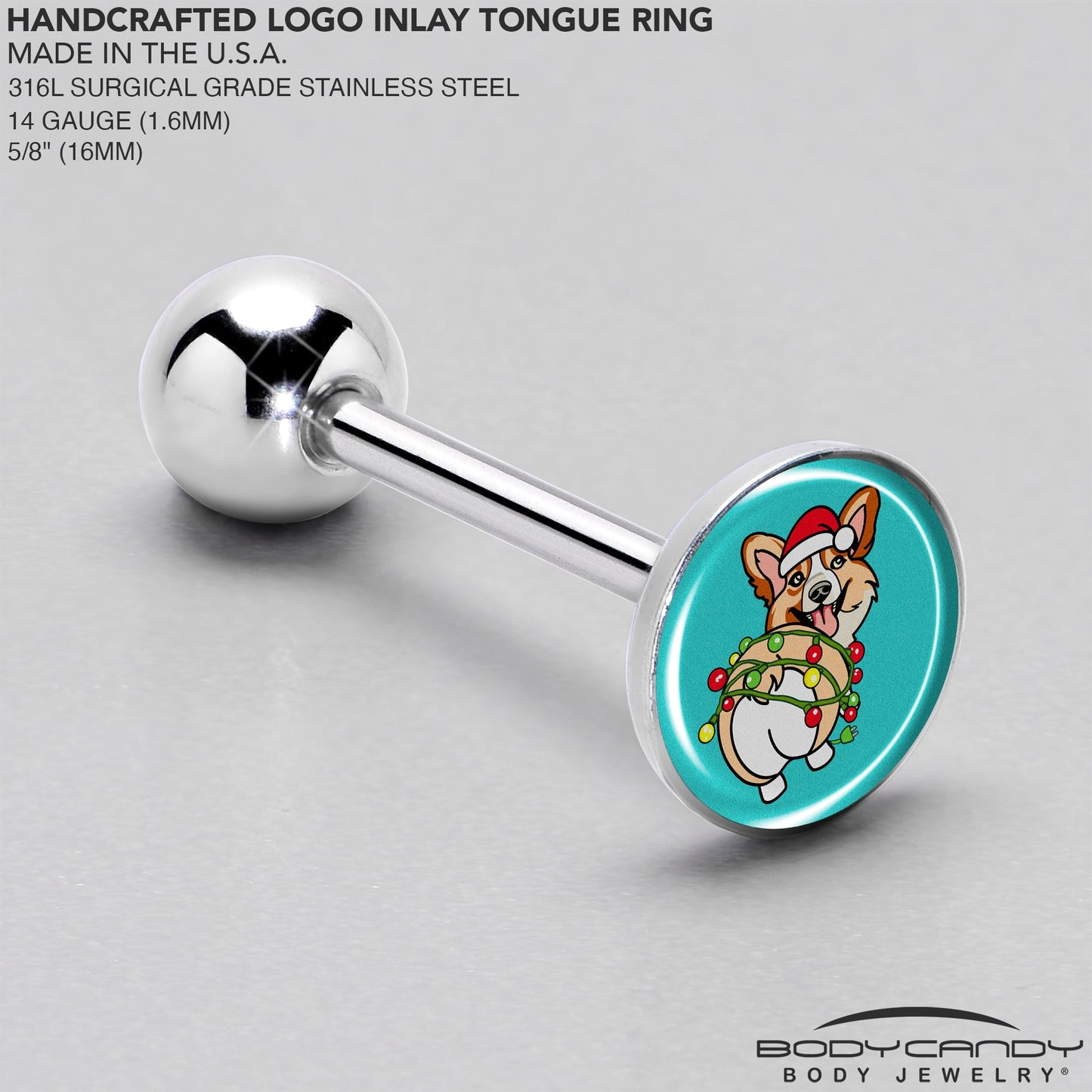 Christmas Holiday Lights Corgi Dog Barbell Tongue Ring by Onyx O