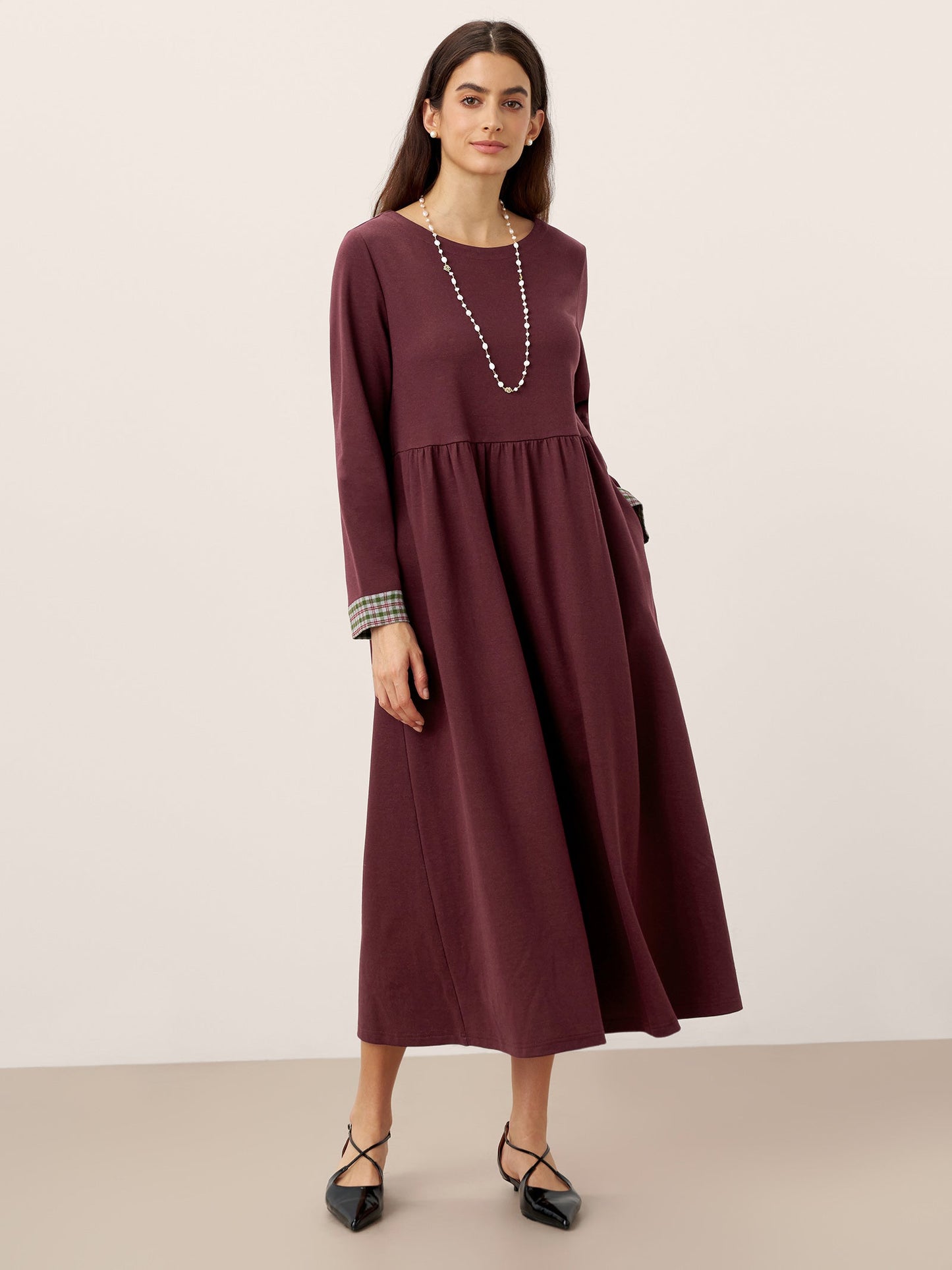 Organic Cotton Patchwork Cuff Crew Neck Casual Midi Dress SCARLETT