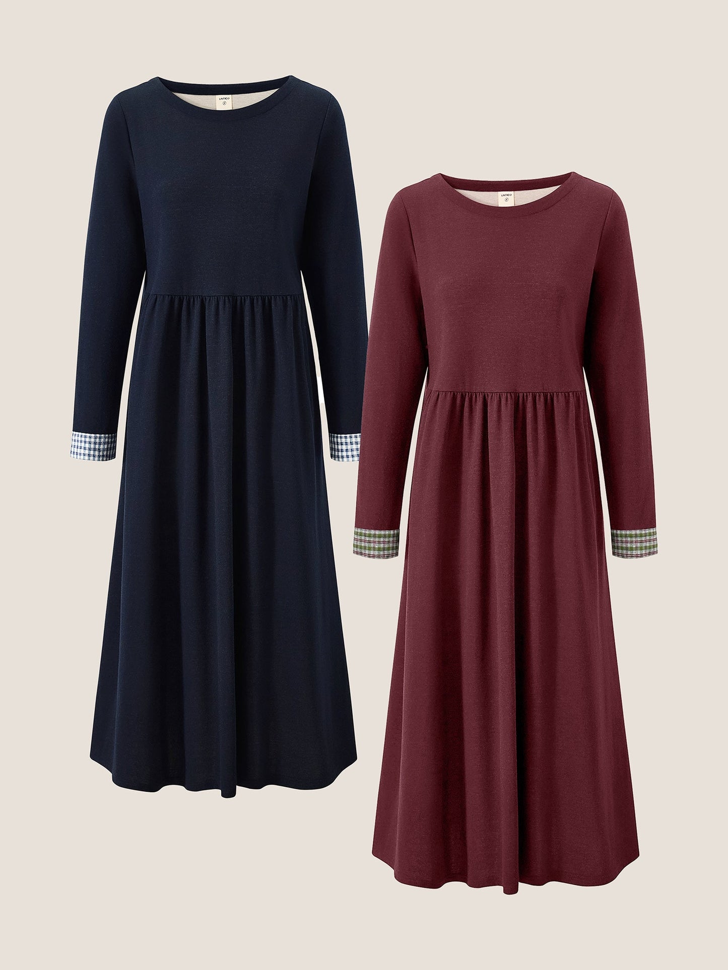 Organic Cotton Patchwork Cuff Crew Neck Casual Midi Dress SCARLETT