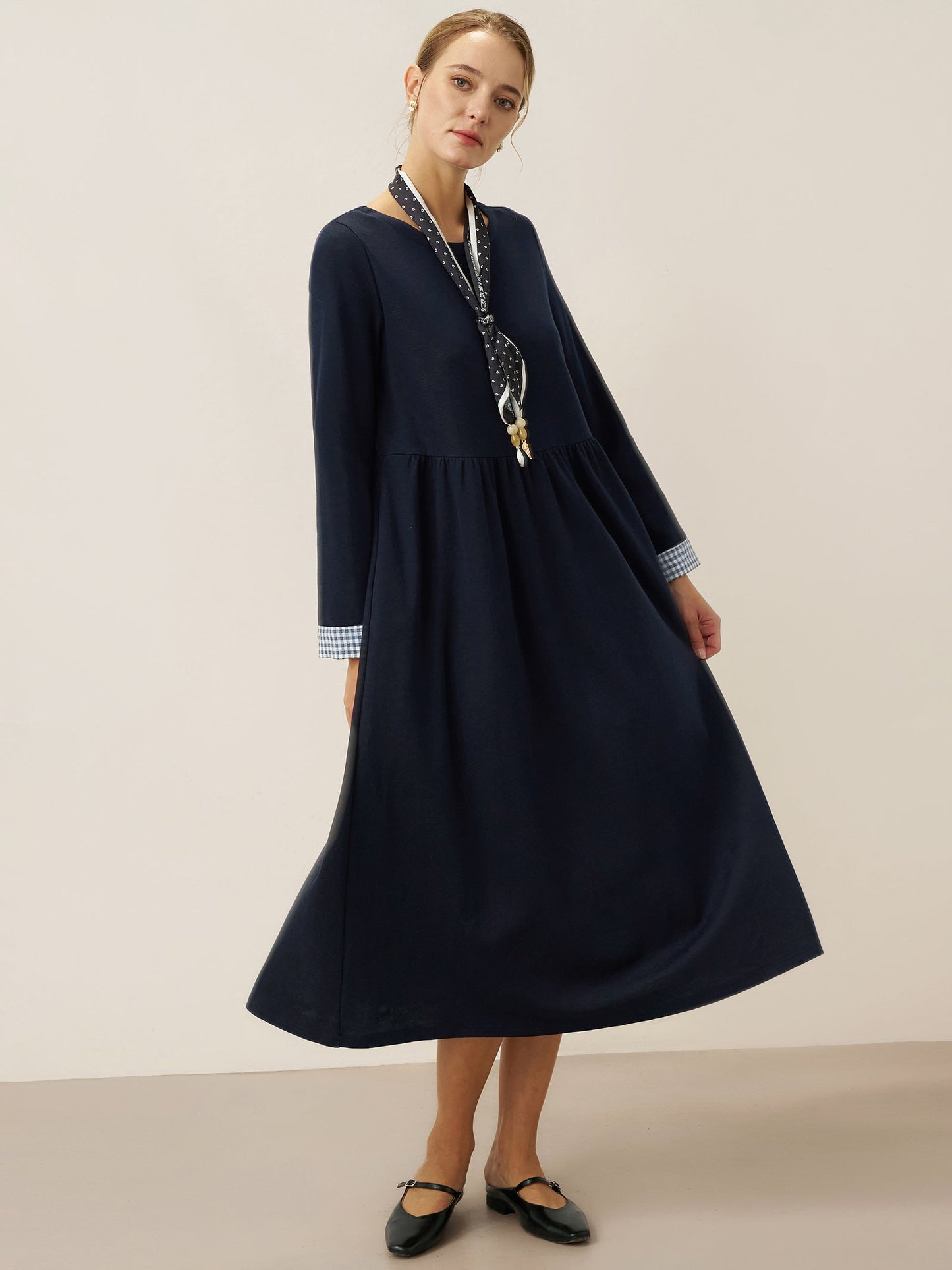 Organic Cotton Patchwork Cuff Crew Neck Casual Midi Dress SCARLETT