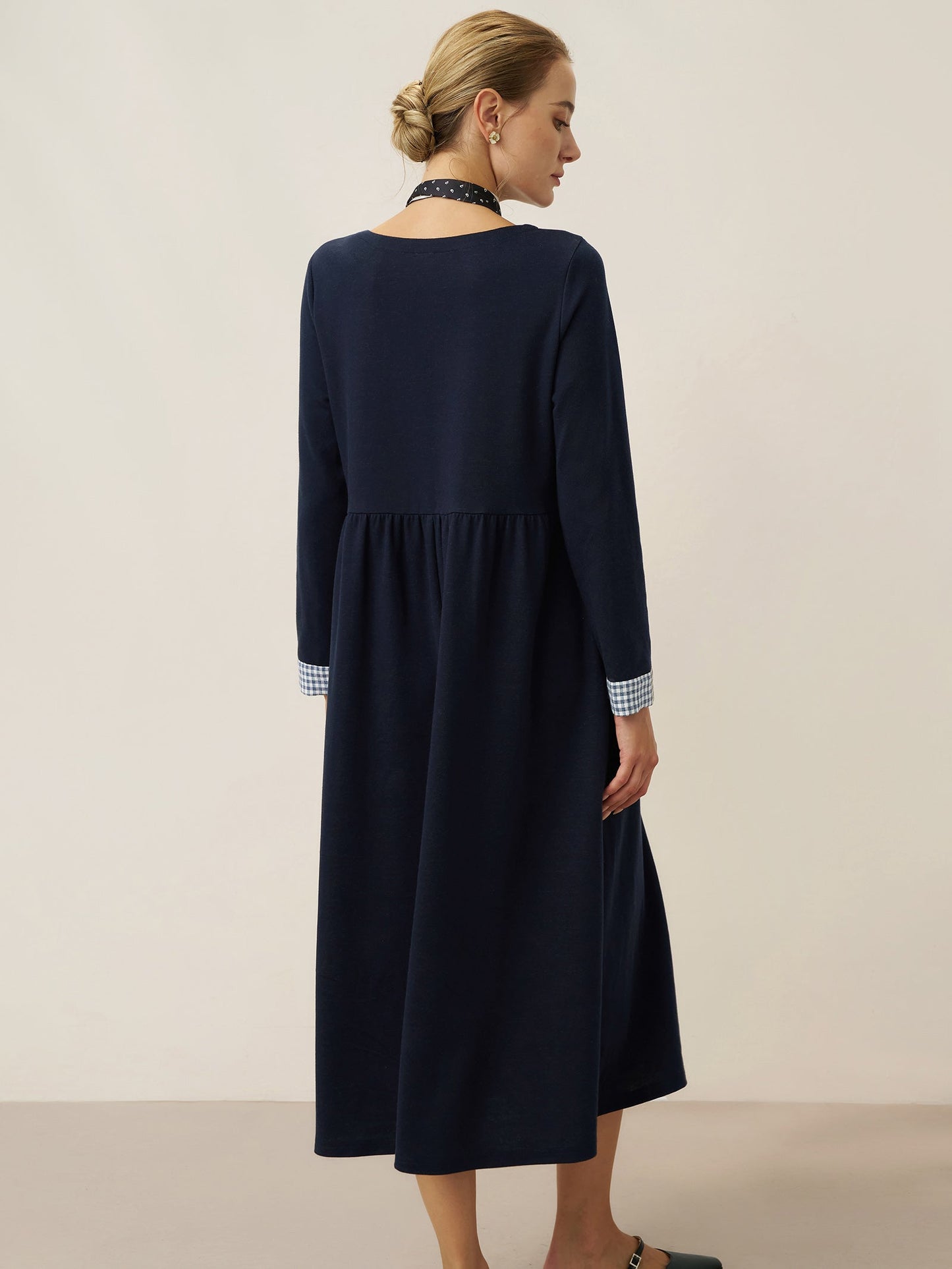 Organic Cotton Patchwork Cuff Crew Neck Casual Midi Dress SCARLETT