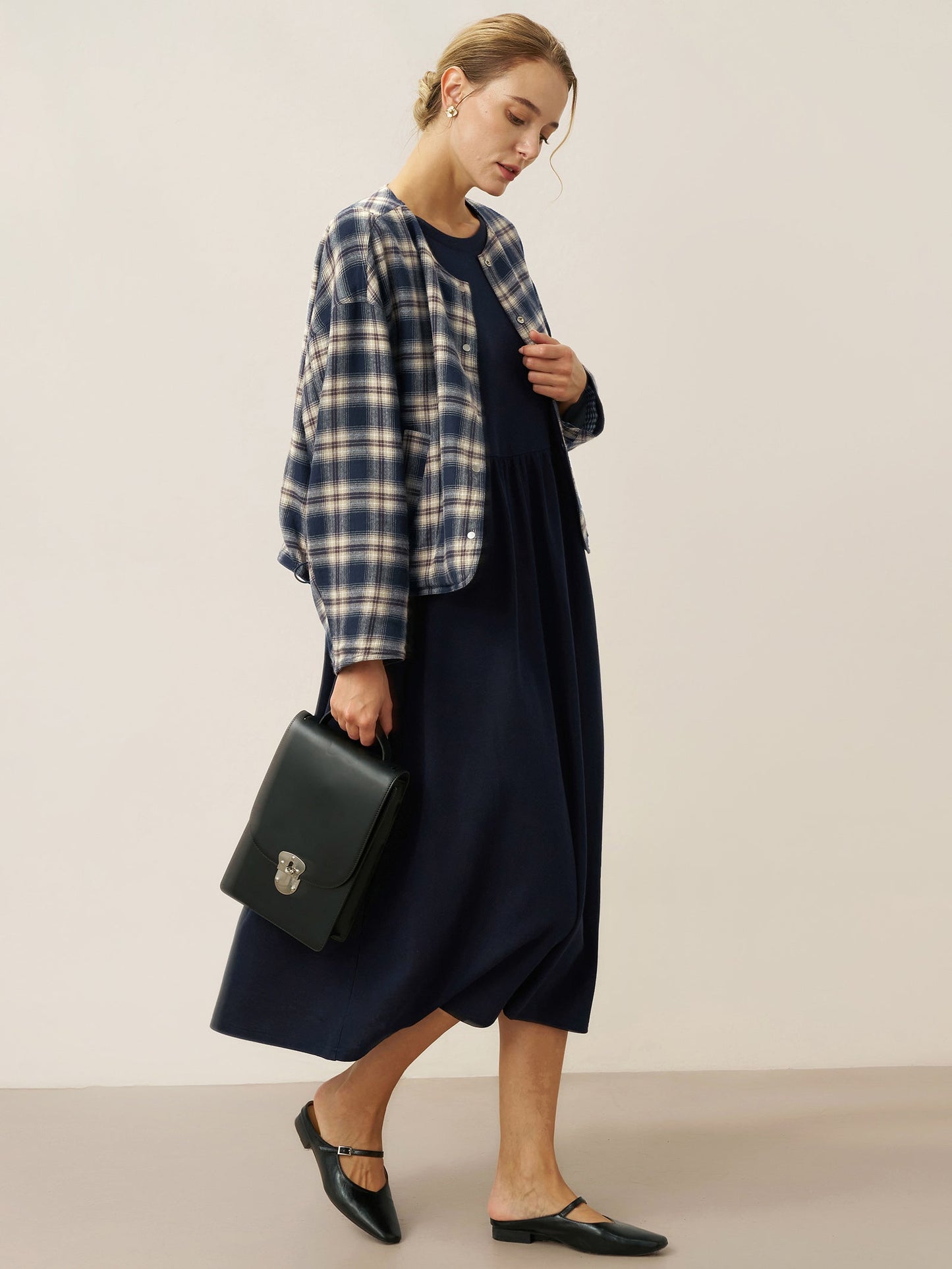 Organic Cotton Patchwork Cuff Crew Neck Casual Midi Dress SCARLETT
