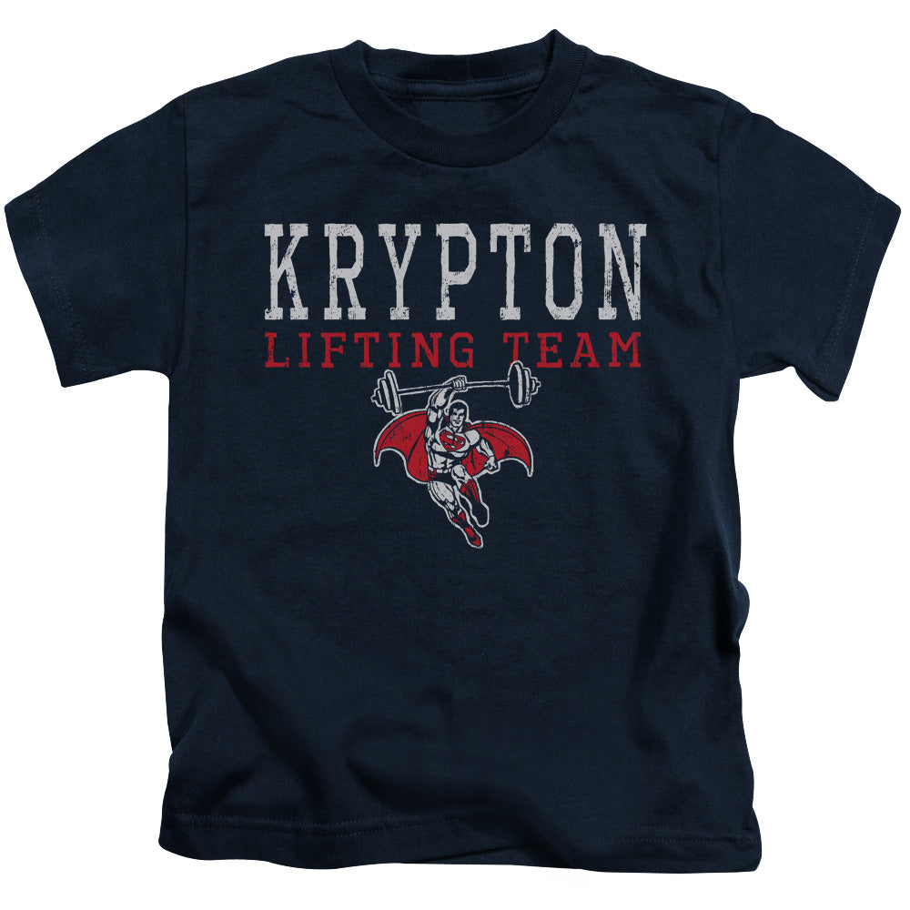 DC Comics Krpton Lifting Juvenile Kids Youth T Shirt Navy Blue Officially Licensed