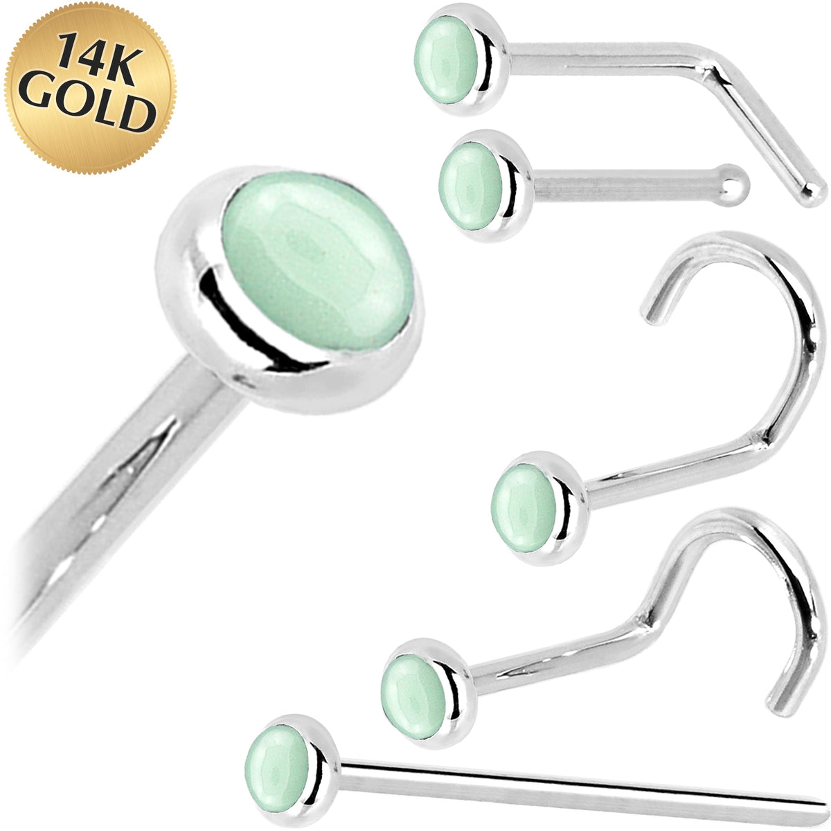 Solid 14K White Gold 2mm Aventurine Quartz Nose Ring
