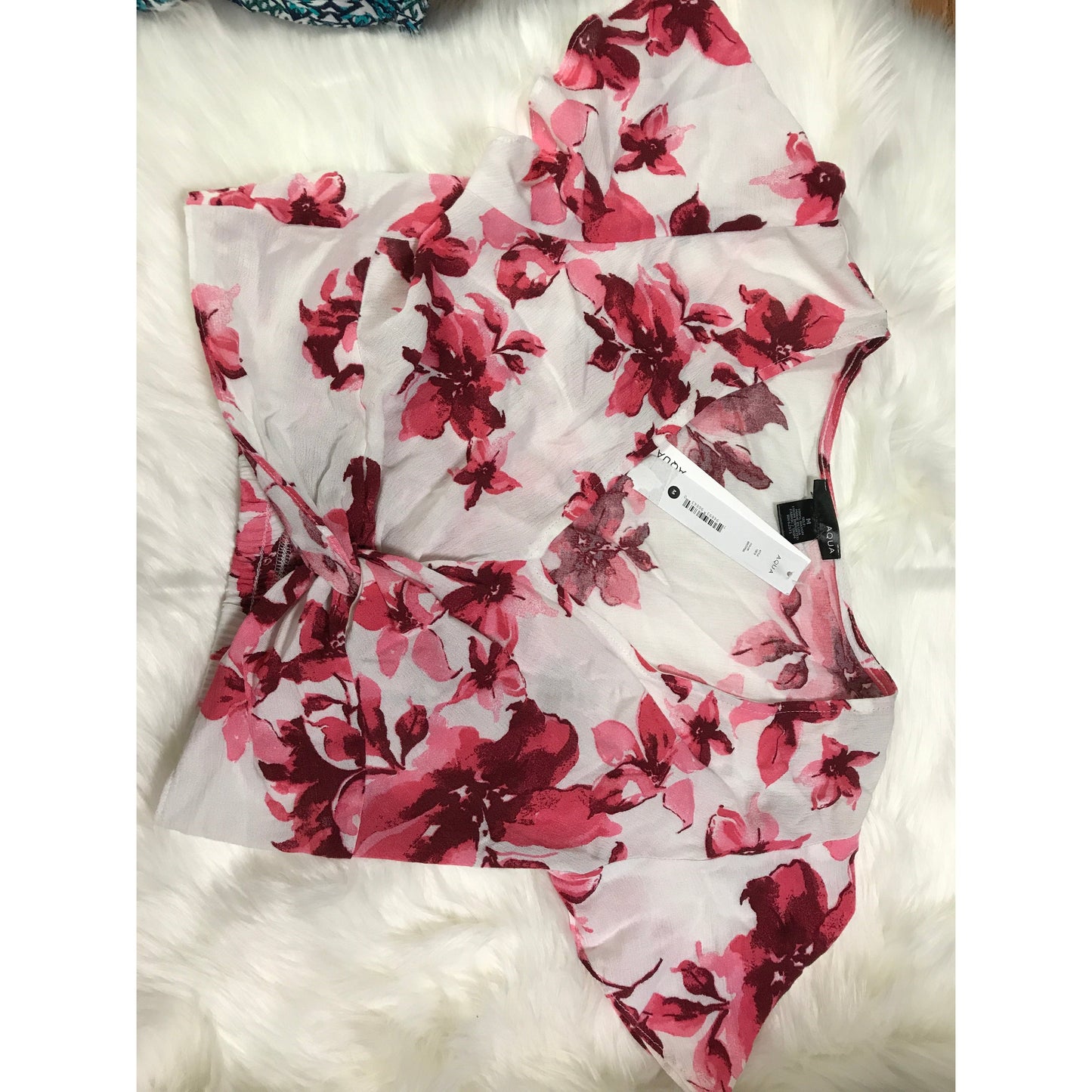 Aqua Flutter-Sleeve Floral Cropped Top, Size Medium