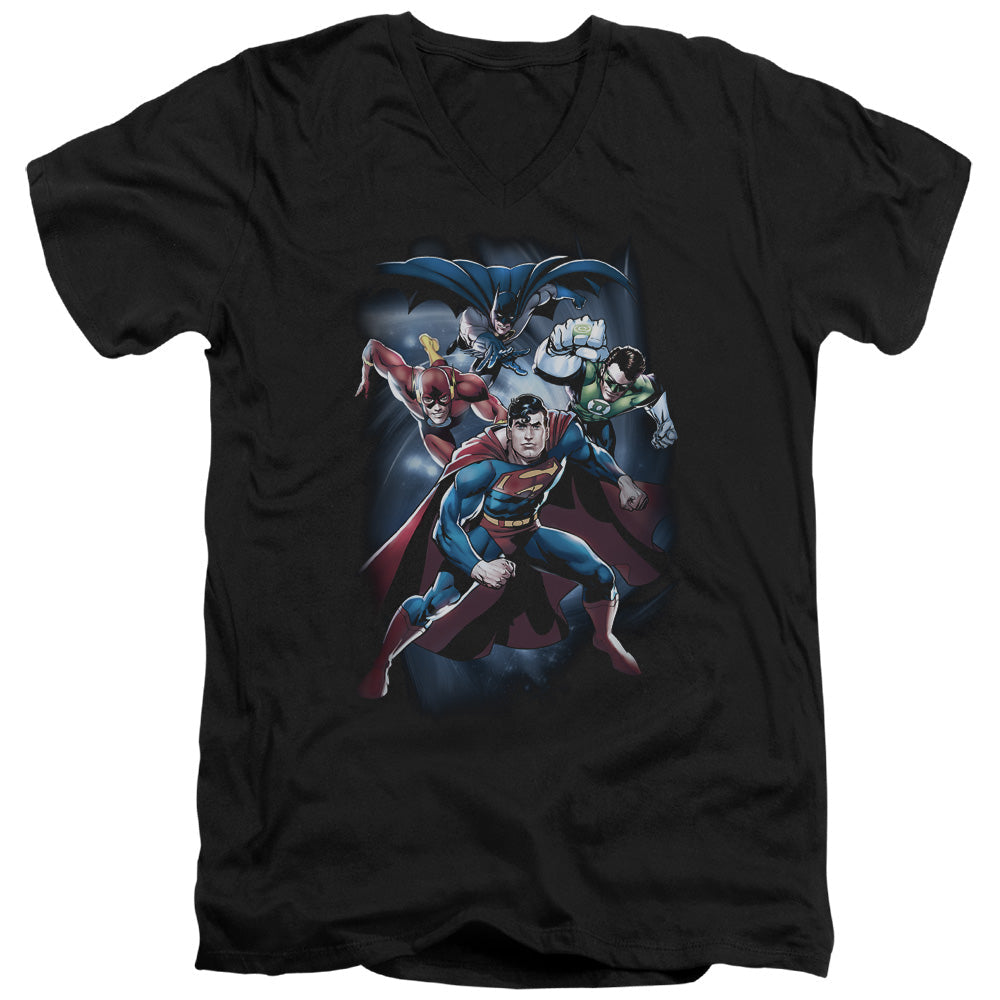 Justice League Coic Crew Mens Slim Fit V-Neck T Shirt Black Officially Licensed