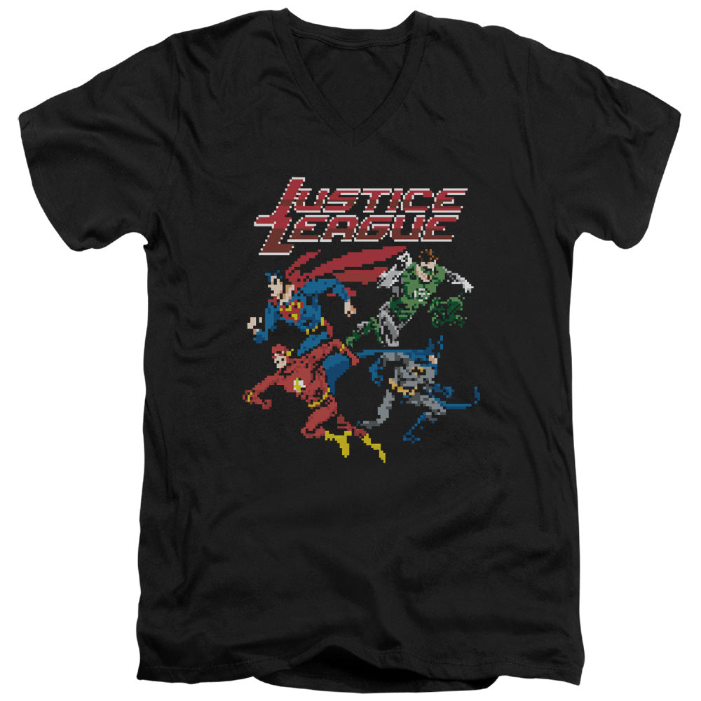 Justice League Pixel League Mens Slim Fit V-Neck T Shirt Black Officially Licensed