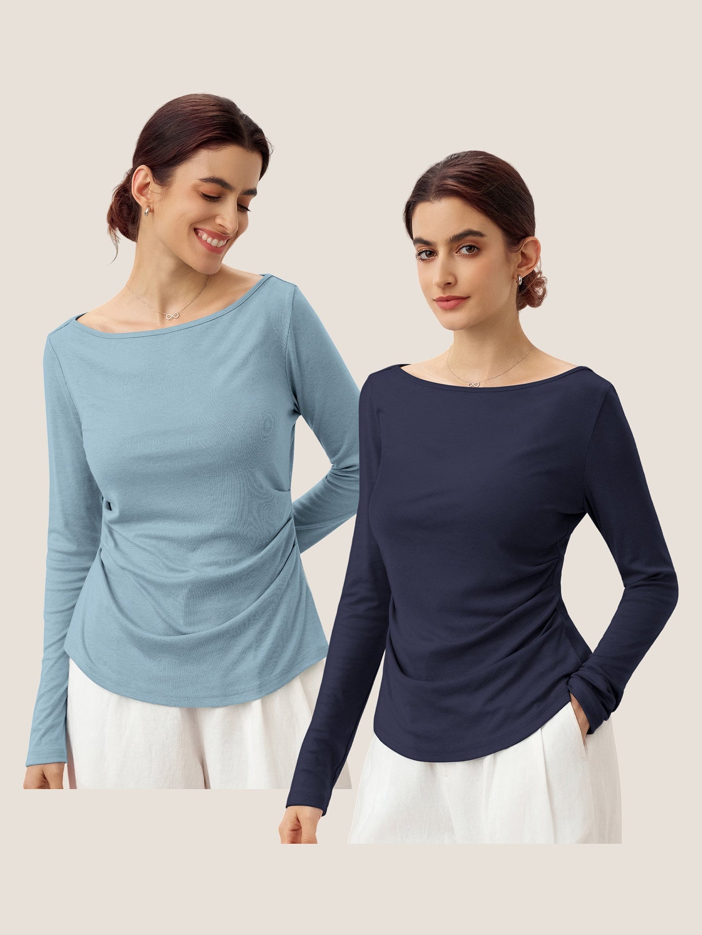 Wool Side Ruched Boat Neck Stretch Top VIVIEN