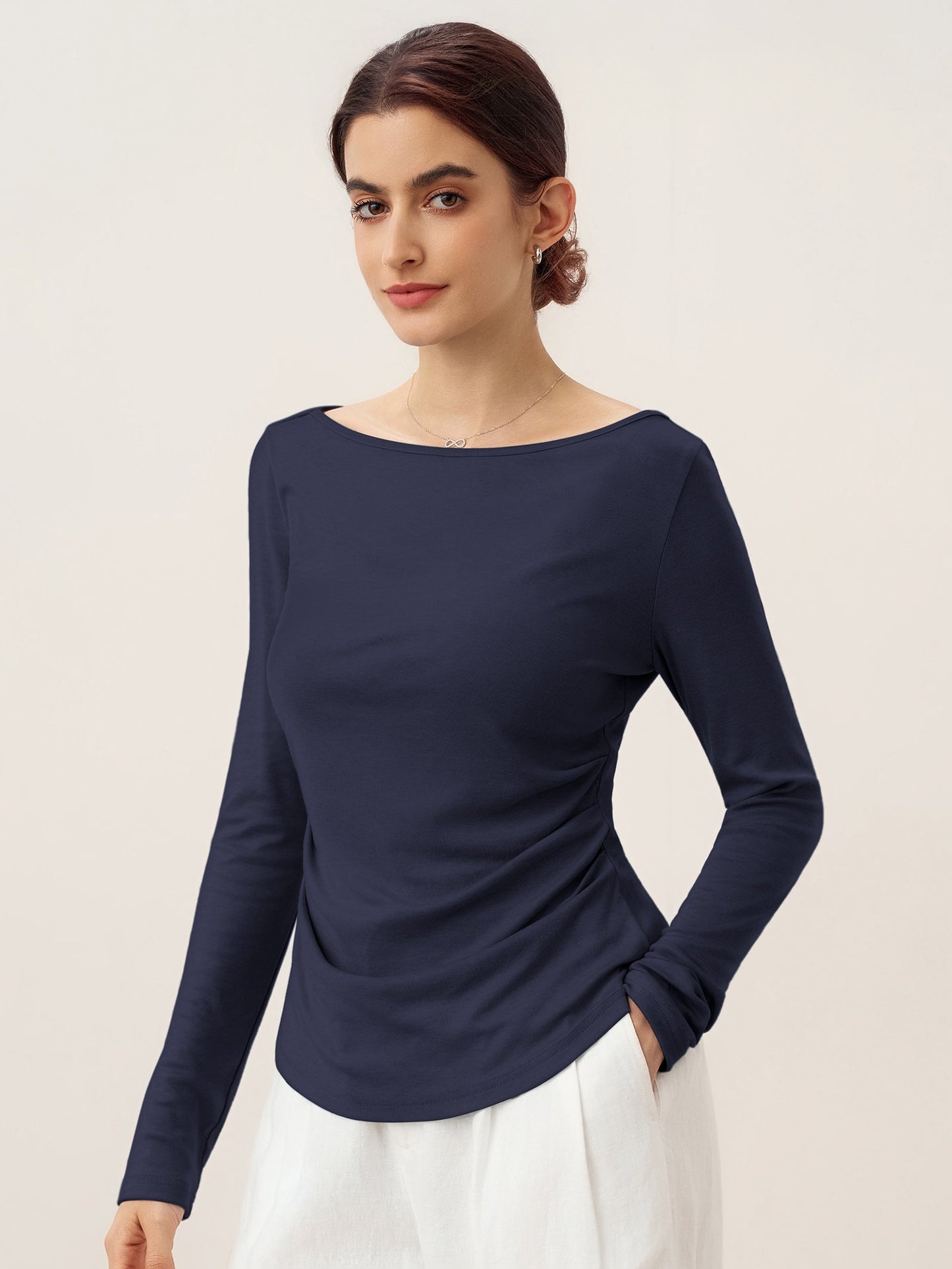 Wool Side Ruched Boat Neck Stretch Top VIVIEN