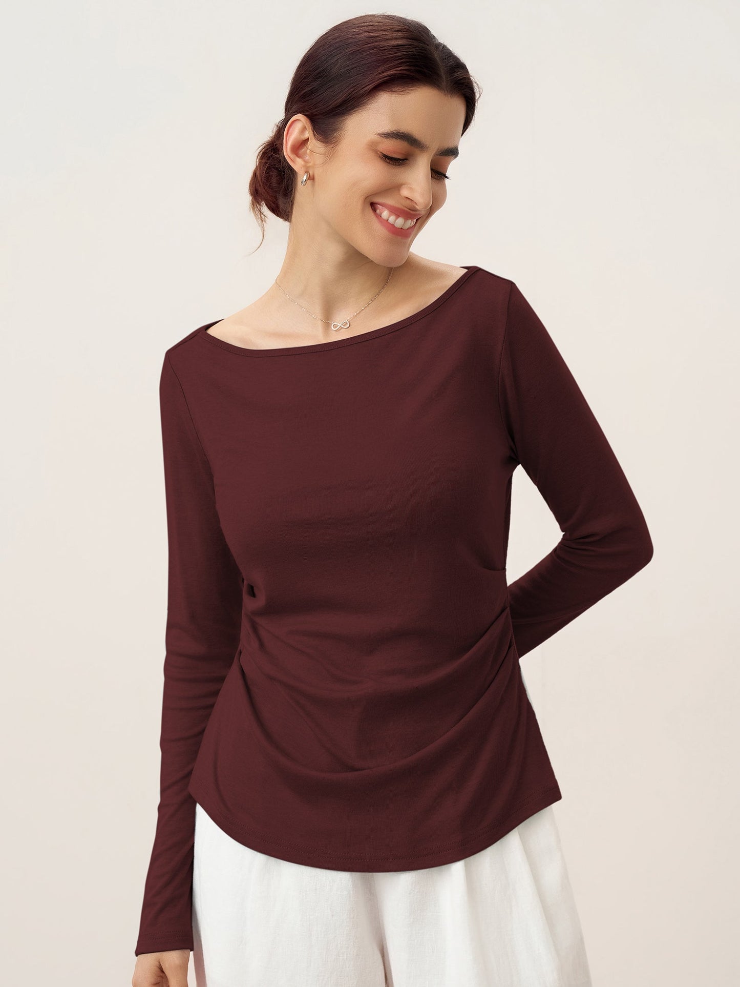 Wool Side Ruched Boat Neck Stretch Top VIVIEN