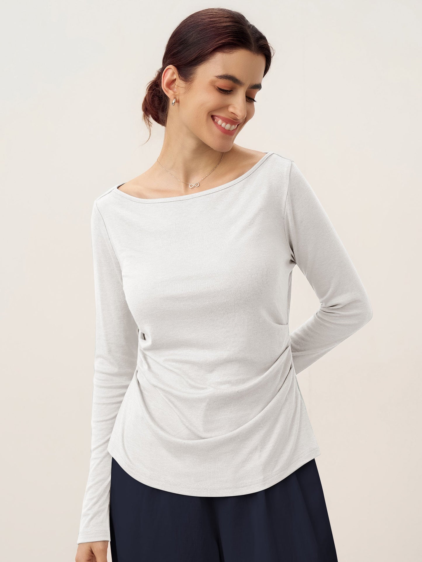 Wool Side Ruched Boat Neck Stretch Top VIVIEN