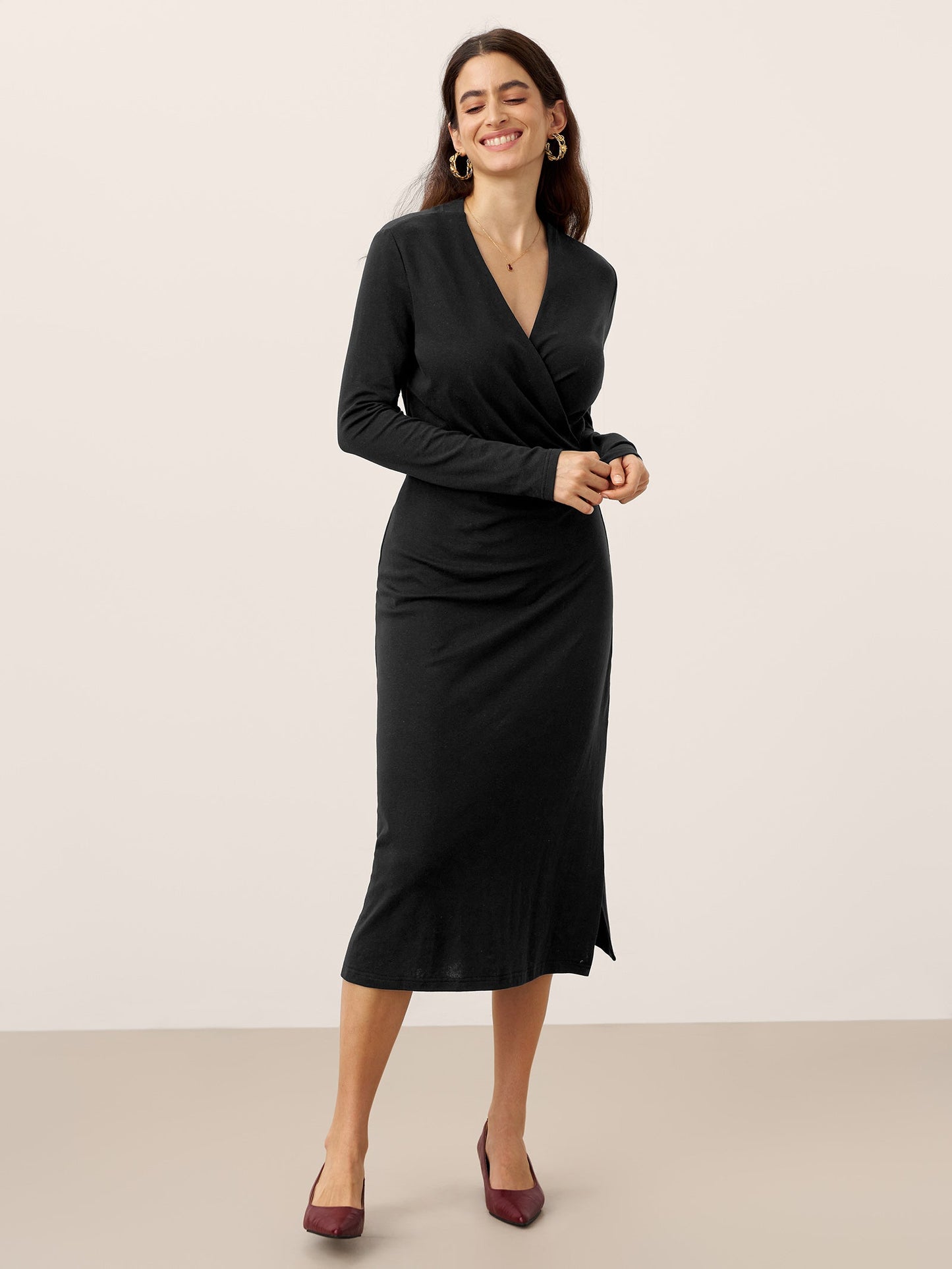 Crossover V-Neck Wrap Stretch Midi Dress MARNIE