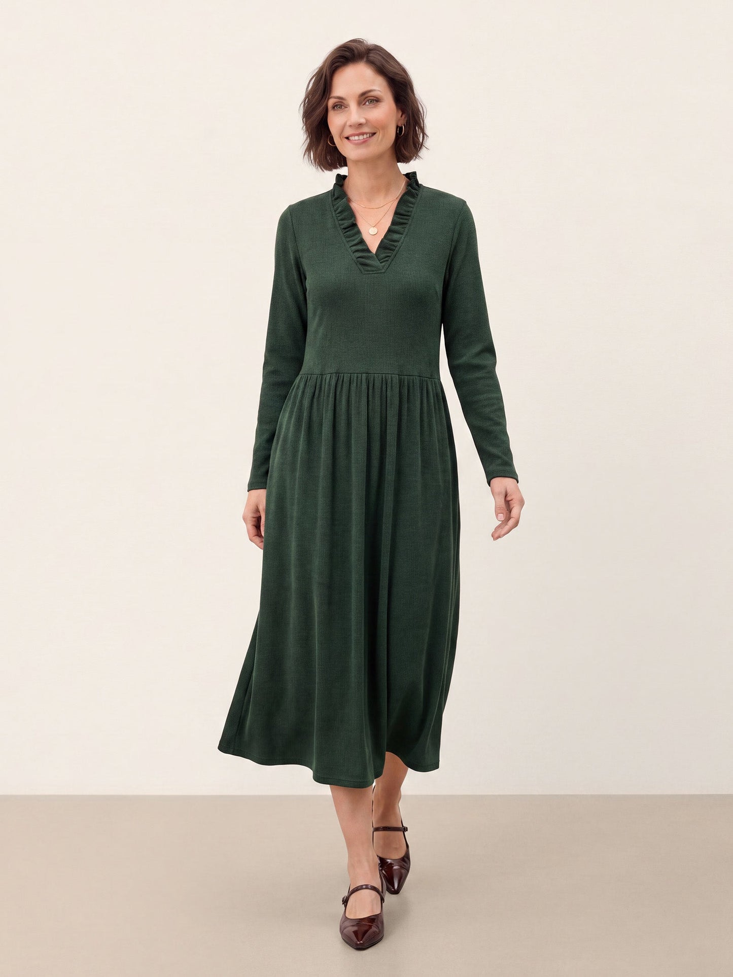 Lyocell Ruffle V Neck Gathered Waist Knit Midi Dress BRIELLE