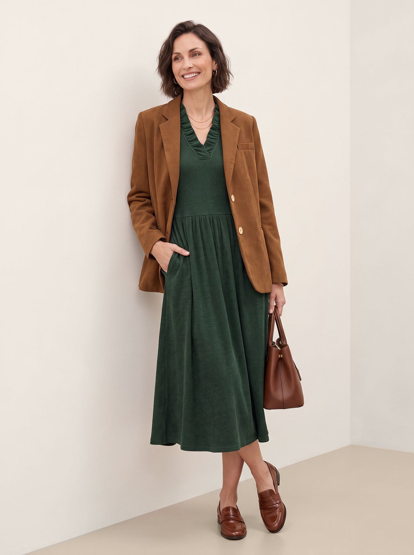 Lyocell Ruffle V Neck Gathered Waist Knit Midi Dress BRIELLE