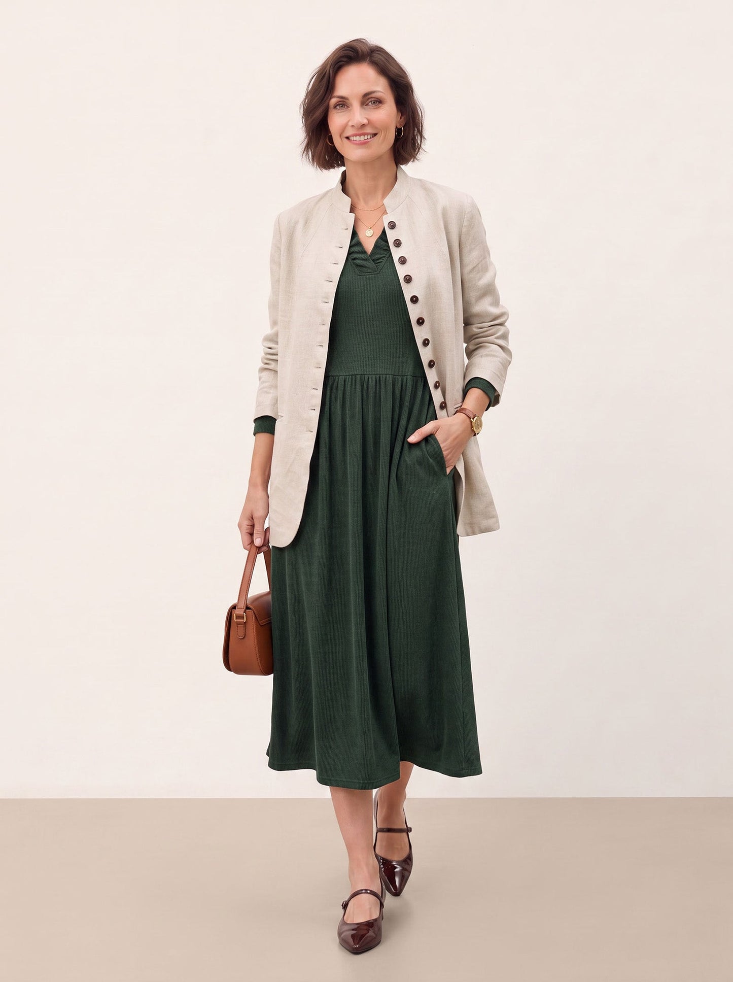 Lyocell Ruffle V Neck Gathered Waist Knit Midi Dress BRIELLE