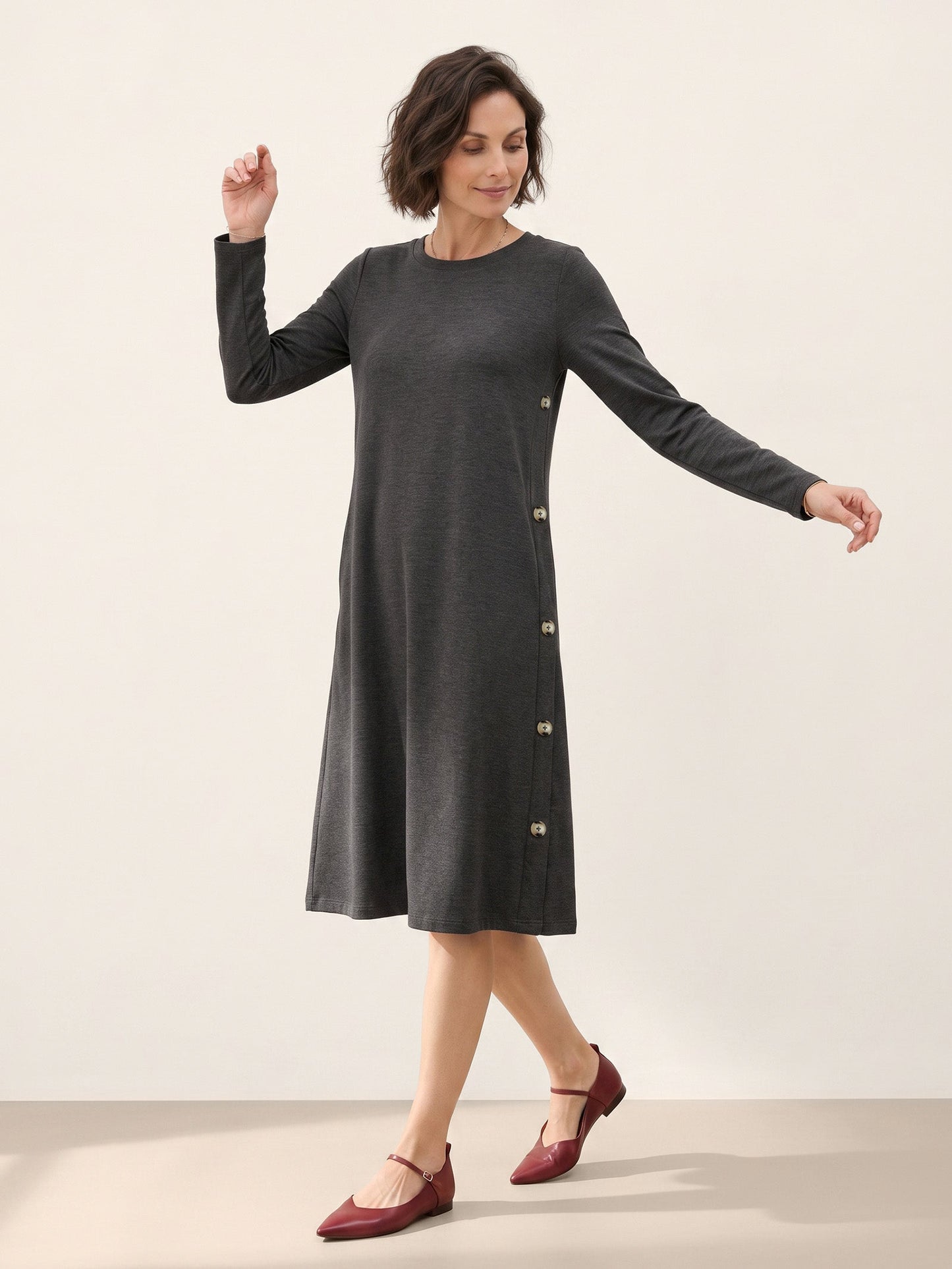 Lyocell Wool Side Button A Line Knit Midi Dress MIRENA