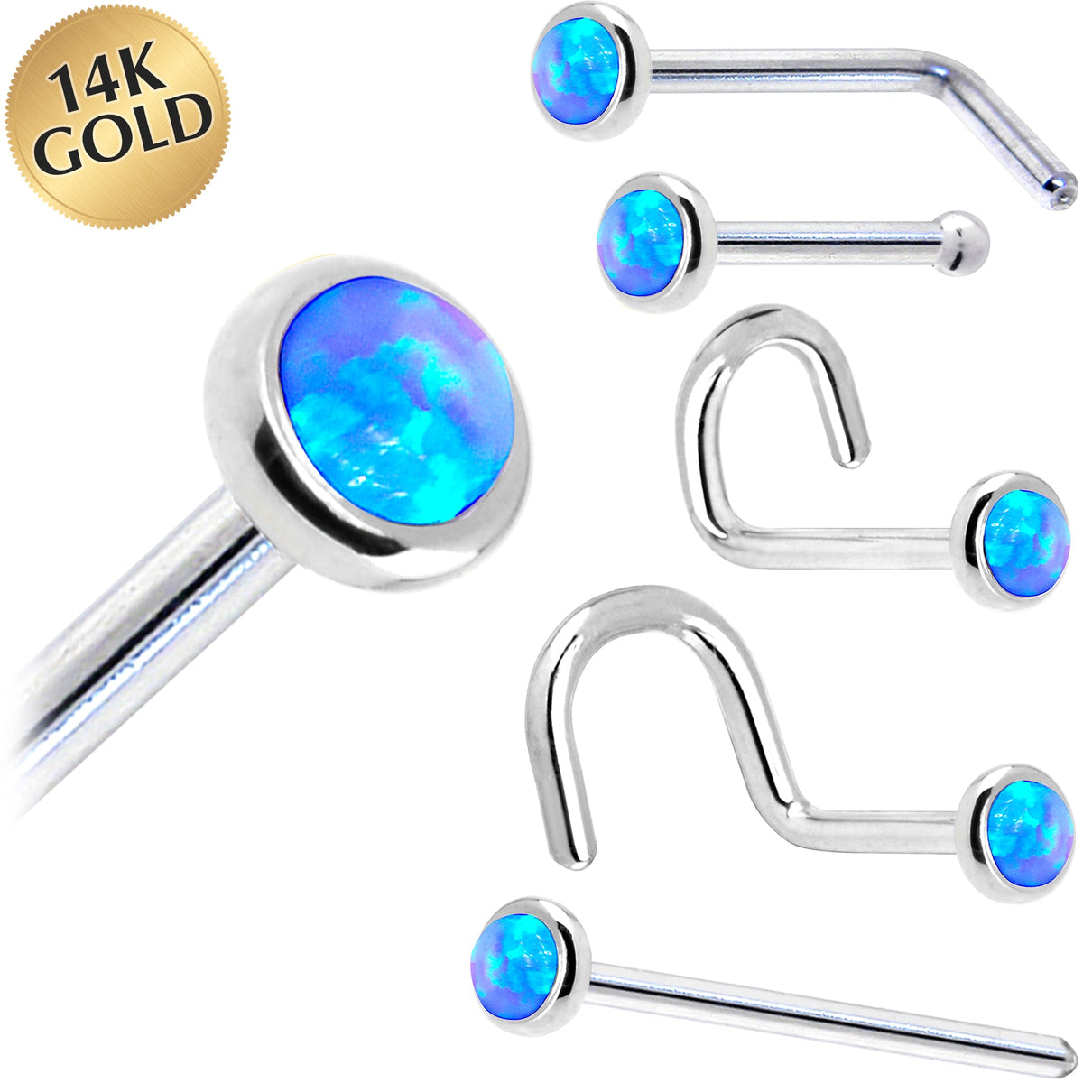 Solid 14K White Gold 2mm Blue Synthetic Opal Nose Ring