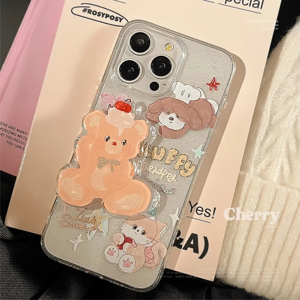 Korean Cute Cartoon Animals Bear Bracket Phone Case For iPhone