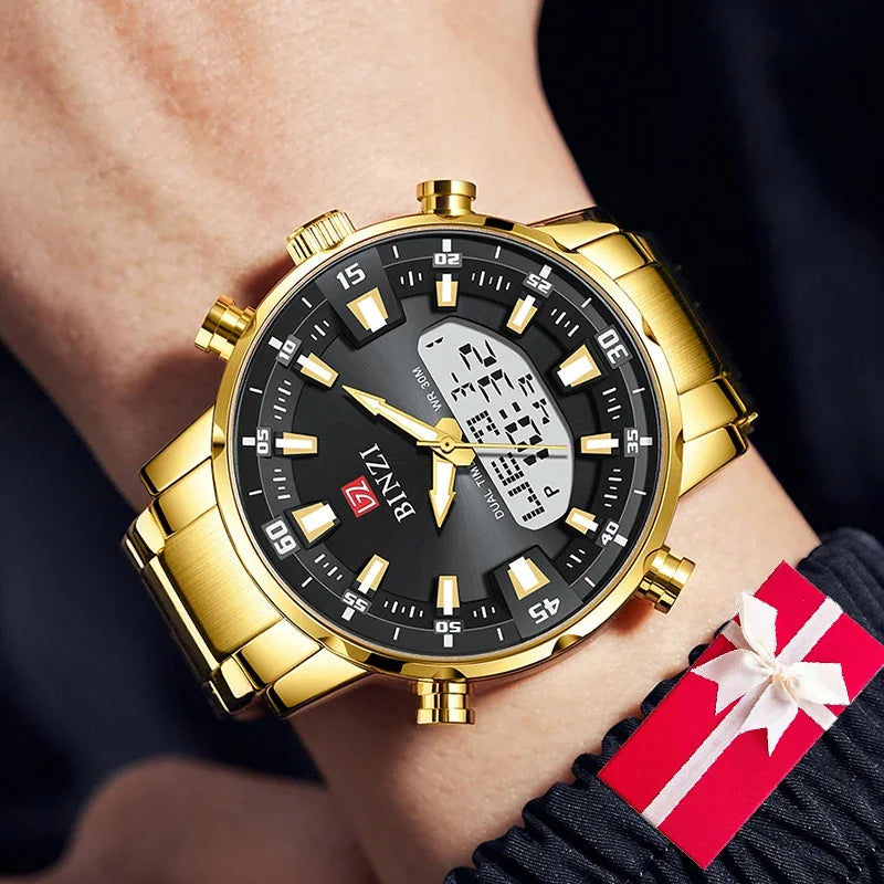 Men Watches 2025 Top Brand Luxury relogio masculino Gold Stainless Steel Band Wrist Watch For Male Clock Men Dual Display watch