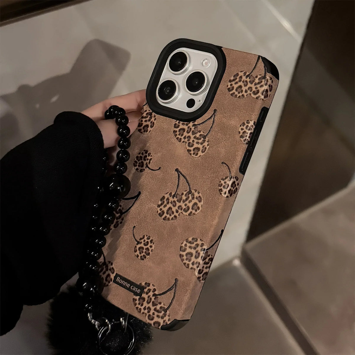 Leopard Print Cherry Suede Leather Phone Case with Beaded Chain For iPhone