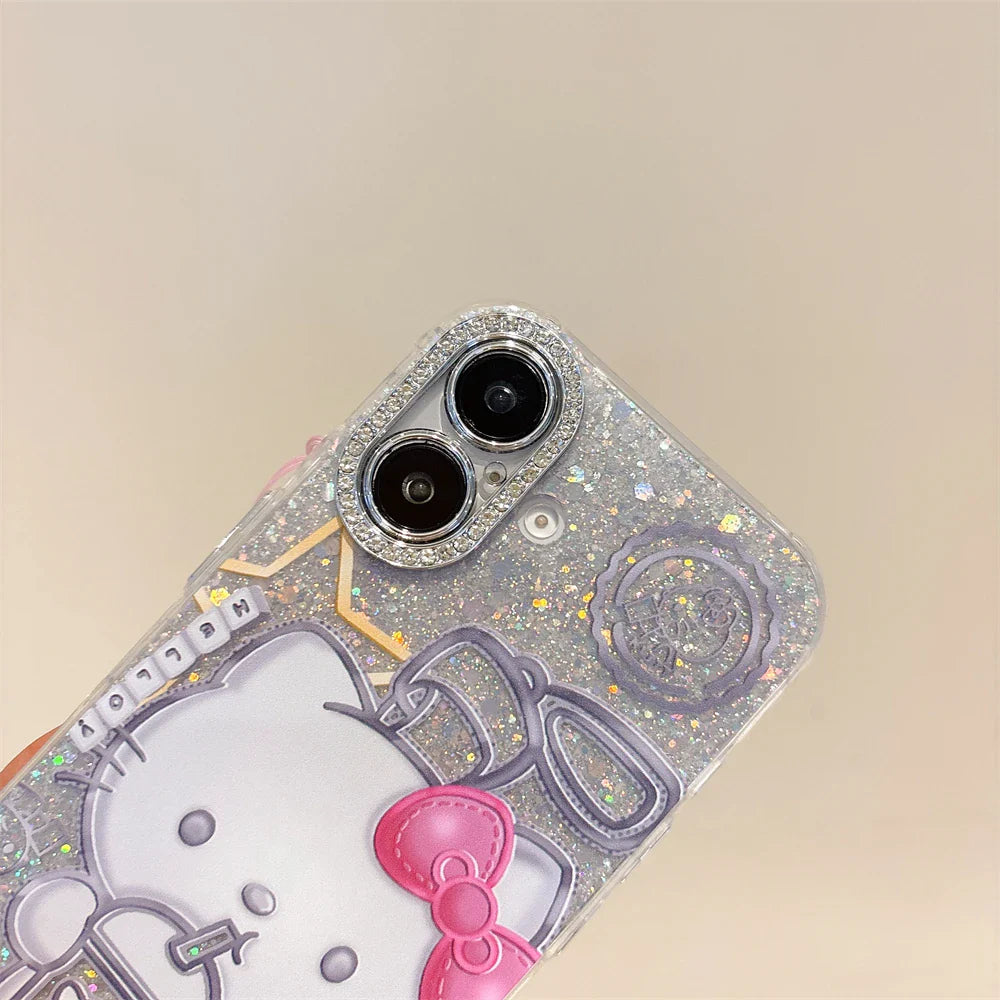 Fashion Glitter Silver Hello Kitty Tea Drinking Pattern Phone Case