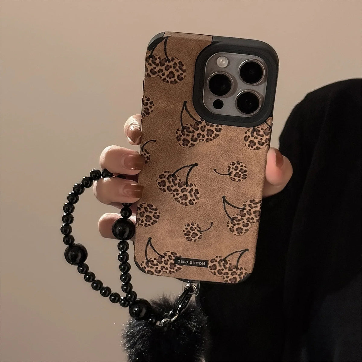 Leopard Print Cherry Suede Leather Phone Case with Beaded Chain For iPhone