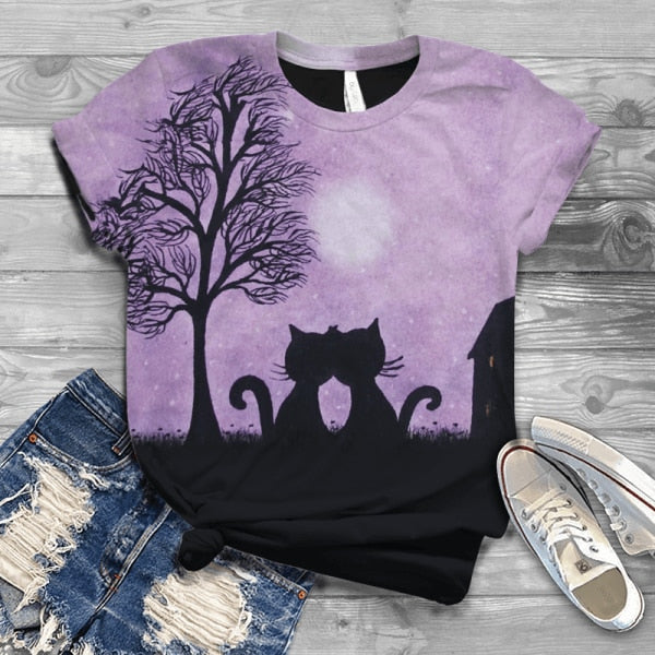 Women Summer Short Sleeve Digital 3D Cat Printed O-Neck Tops T Shirt Femme T-Shirts