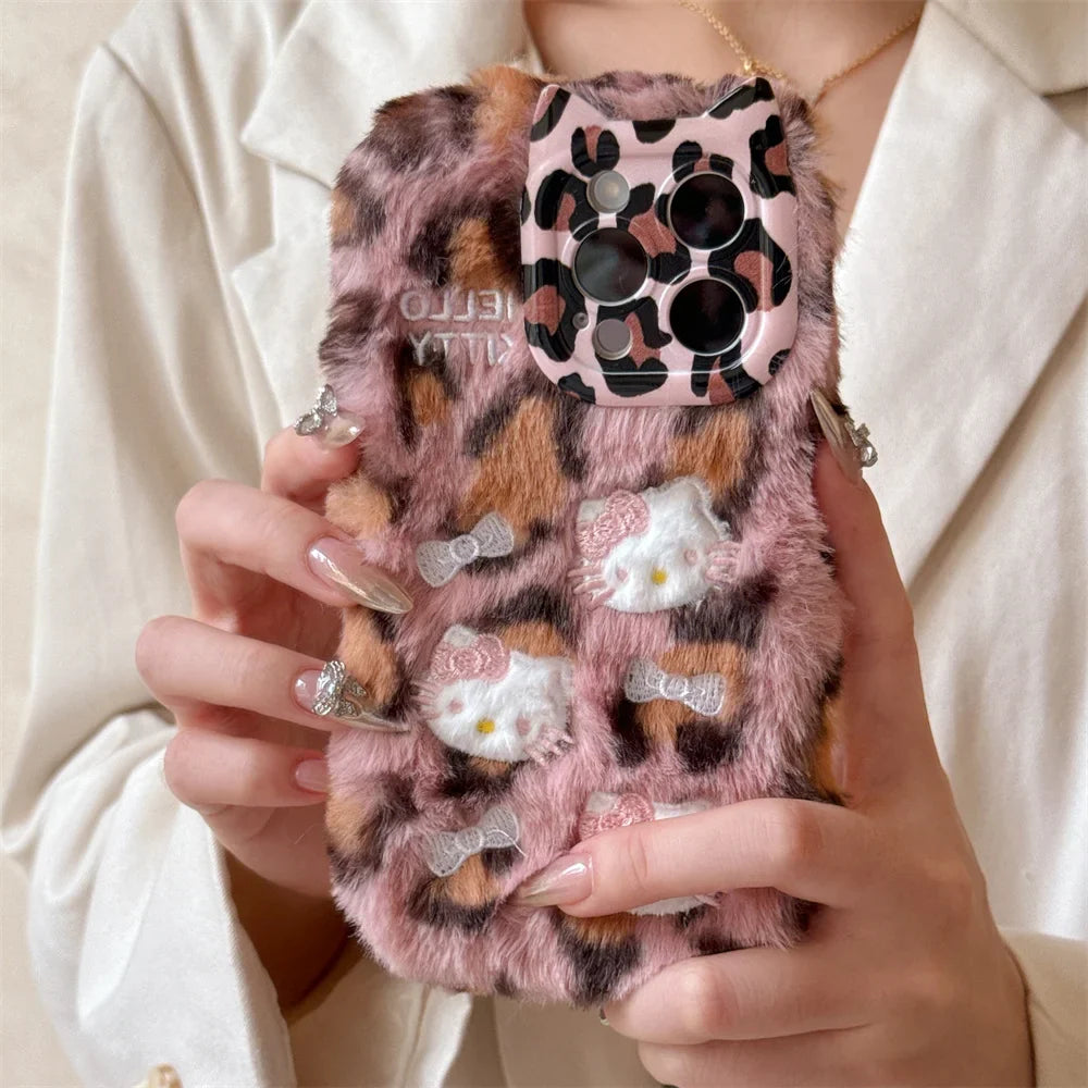 Cartoon Fluffy Hello Kitty Plush Cat Ears Phone Case