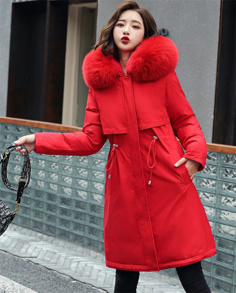 Women Winter Parka – Hooded Fur Collar Thick Warm Long Coat