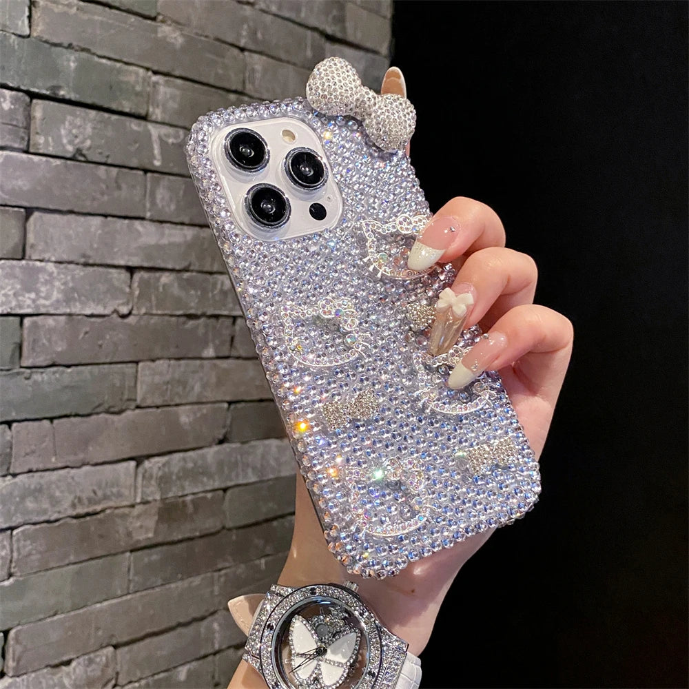 Full Diamond Glitter Hello Kitty Face Pink Bow Phone Case