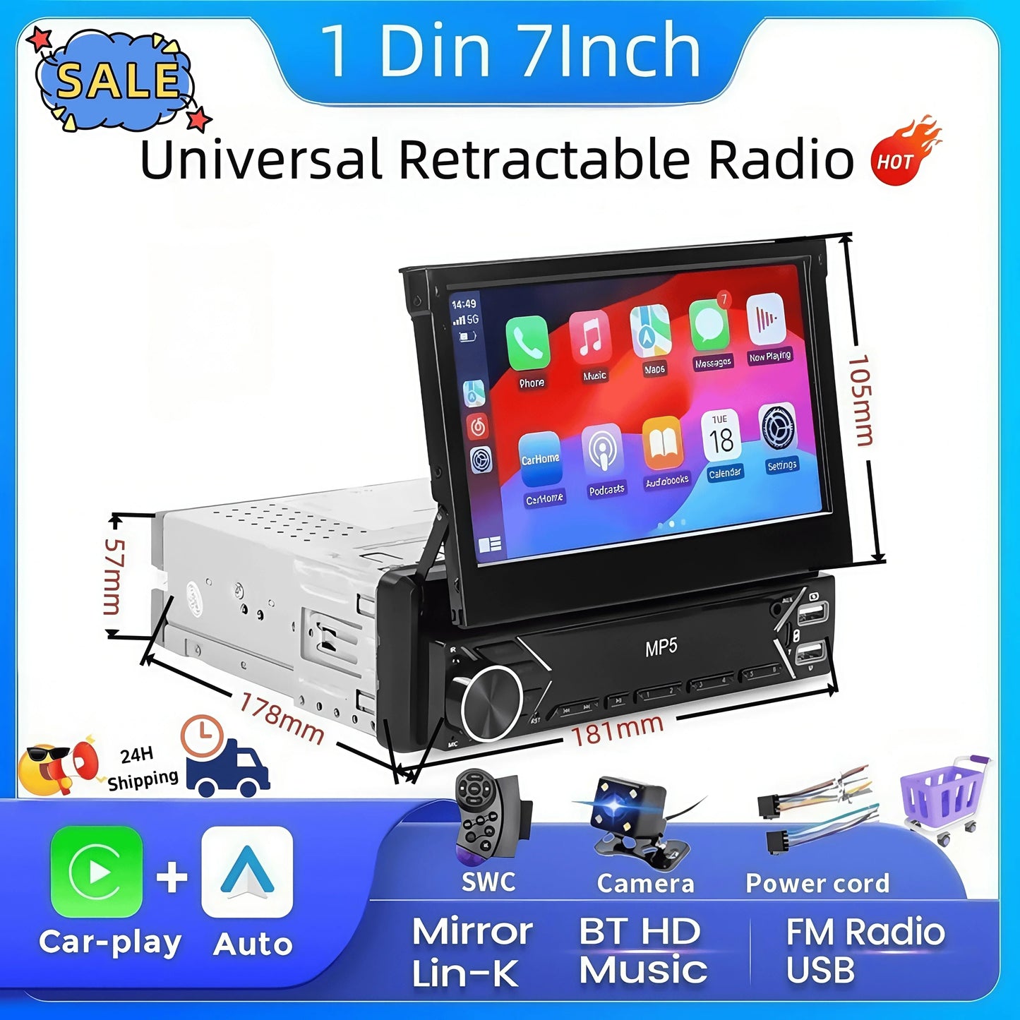 New Carplay Android Auto 1Din 7'' Retractable Universal Car Stereo Radio TouchScreen MP5 Player Intelligent Vehicle System BT FM