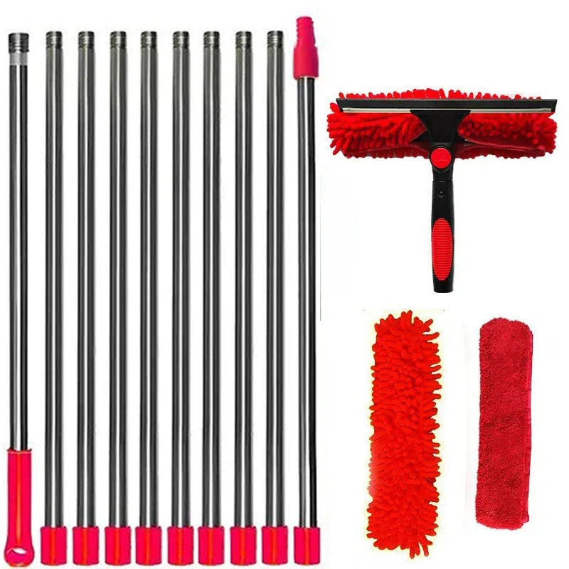 100-420CM Extended Window Cleaning Kit 2 in 1 Double Sided Glass Squeegee Cleaner Duster Mop 180° Swivel Window Cleaning Tools