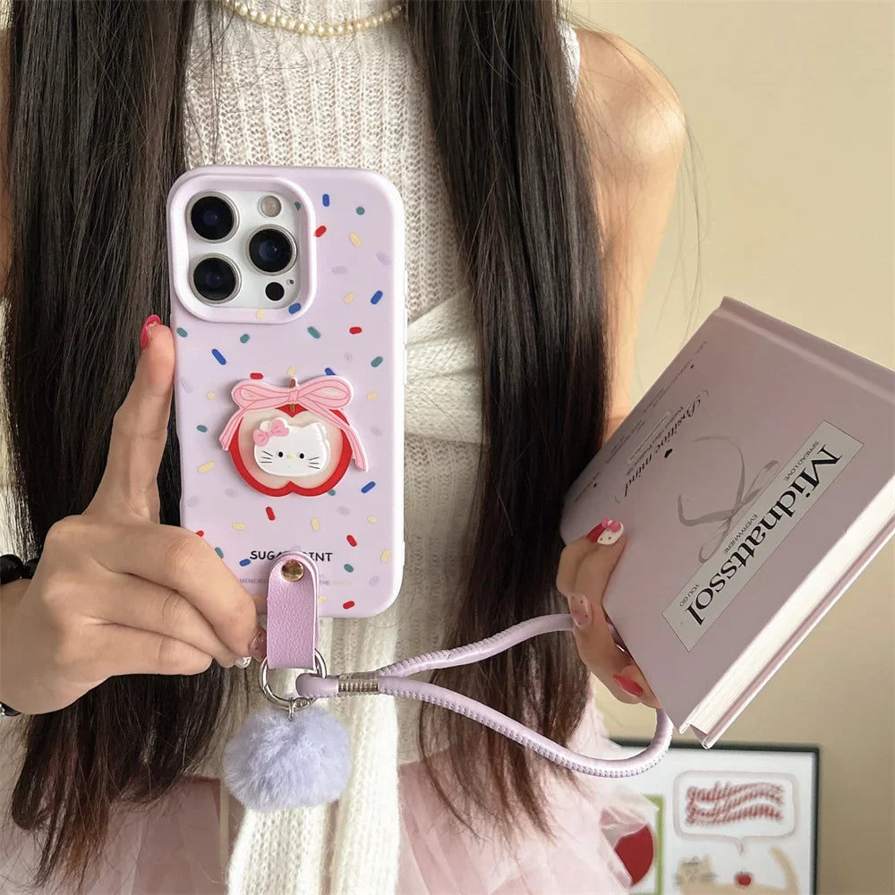 Soft Wrist Strap Apple Hello Kitty Face Colorful Strip Phone Case For iPhone