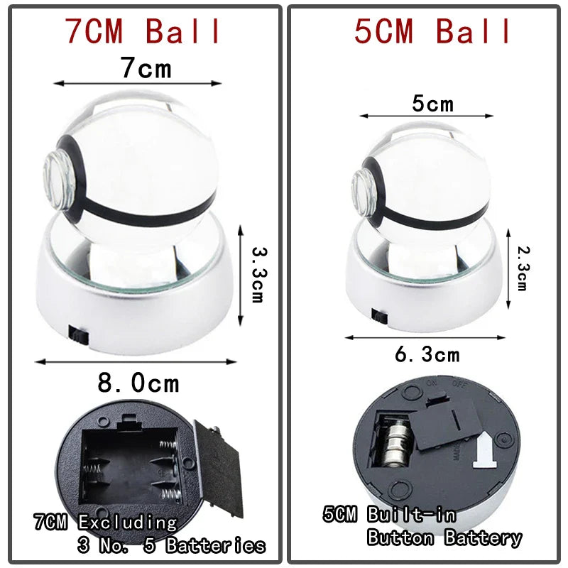 Pokemon 3D Crystal Ball Pokeballs with LED Light Base, Kids Anime Toy Gifts