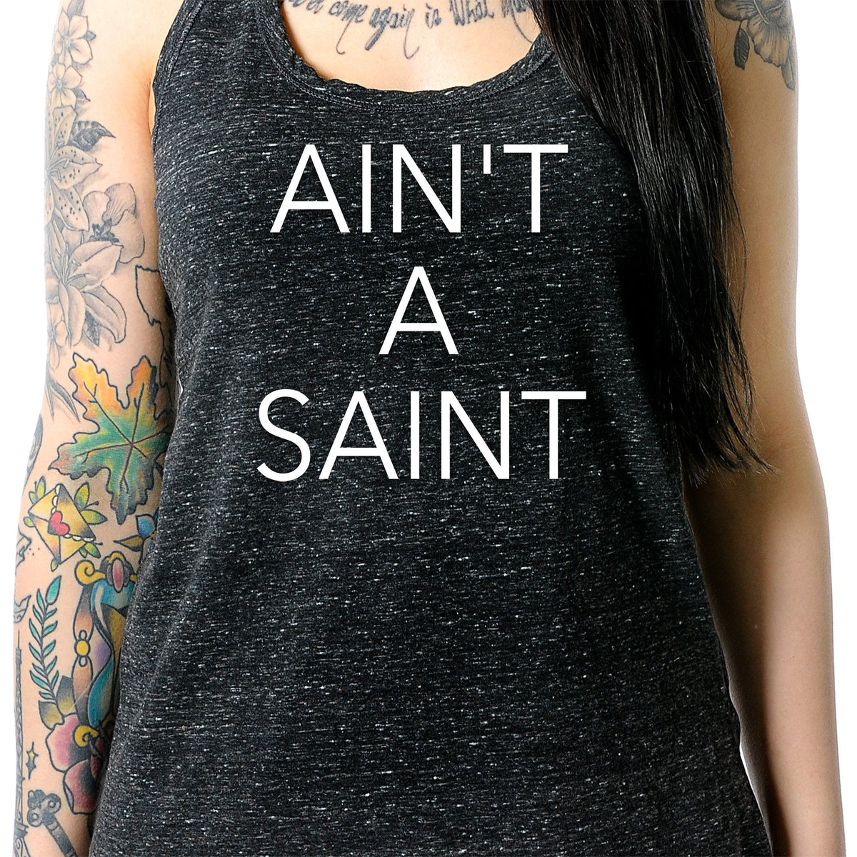 Ain't a Saint Black Gray Cosmic Twist Back Tank Top