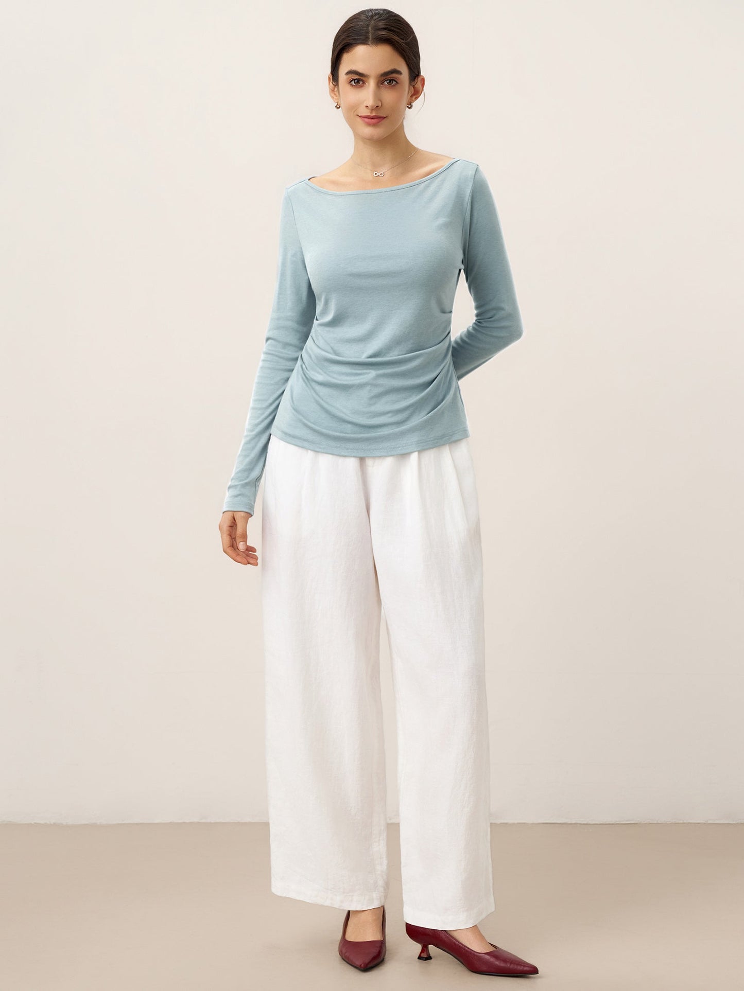 Wool Side Ruched Boat Neck Stretch Top VIVIEN